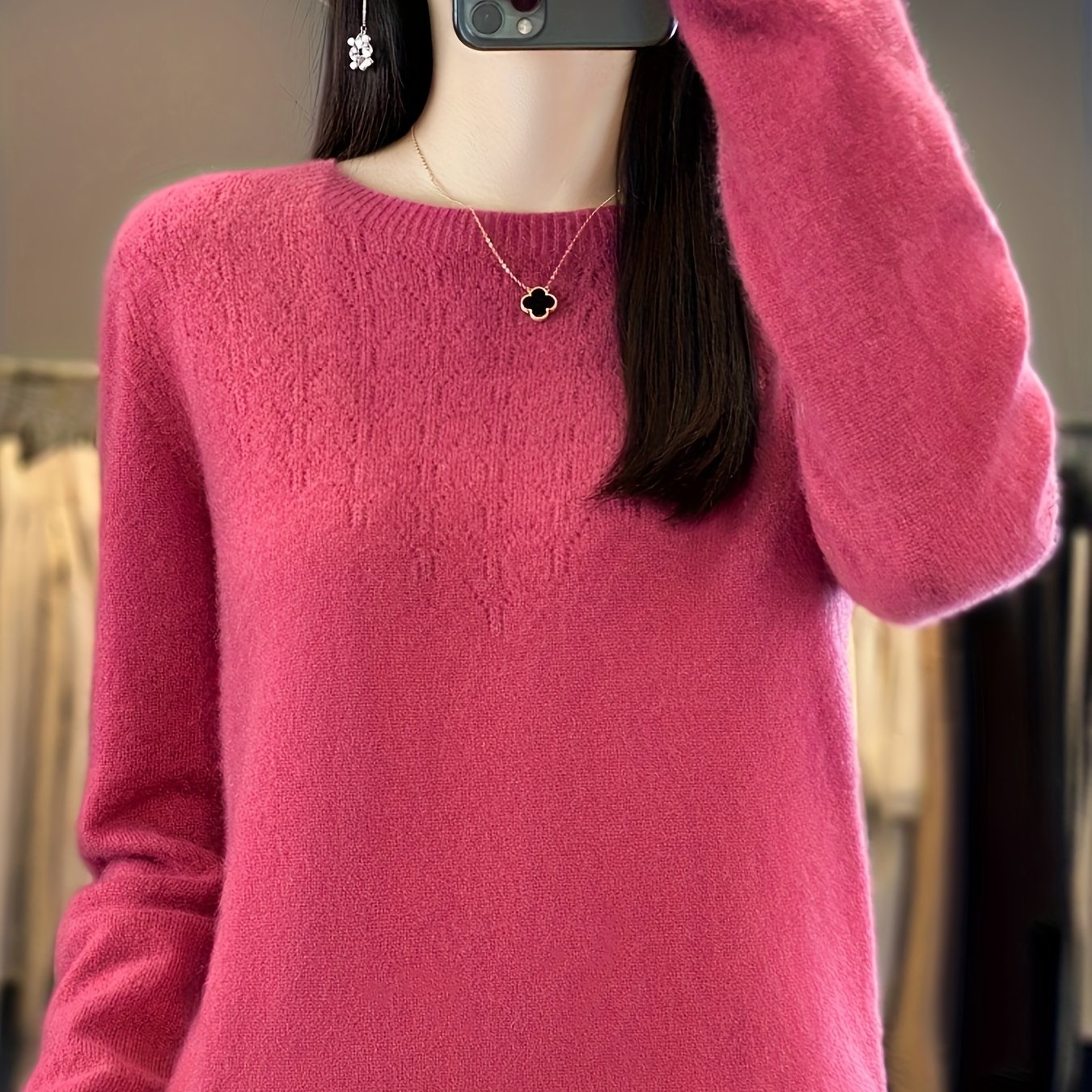 Sixsr Solid Crew Neck Wool Sweater, Casual Long Sleeve Cozy Basic Sweater, Women's Clothing
