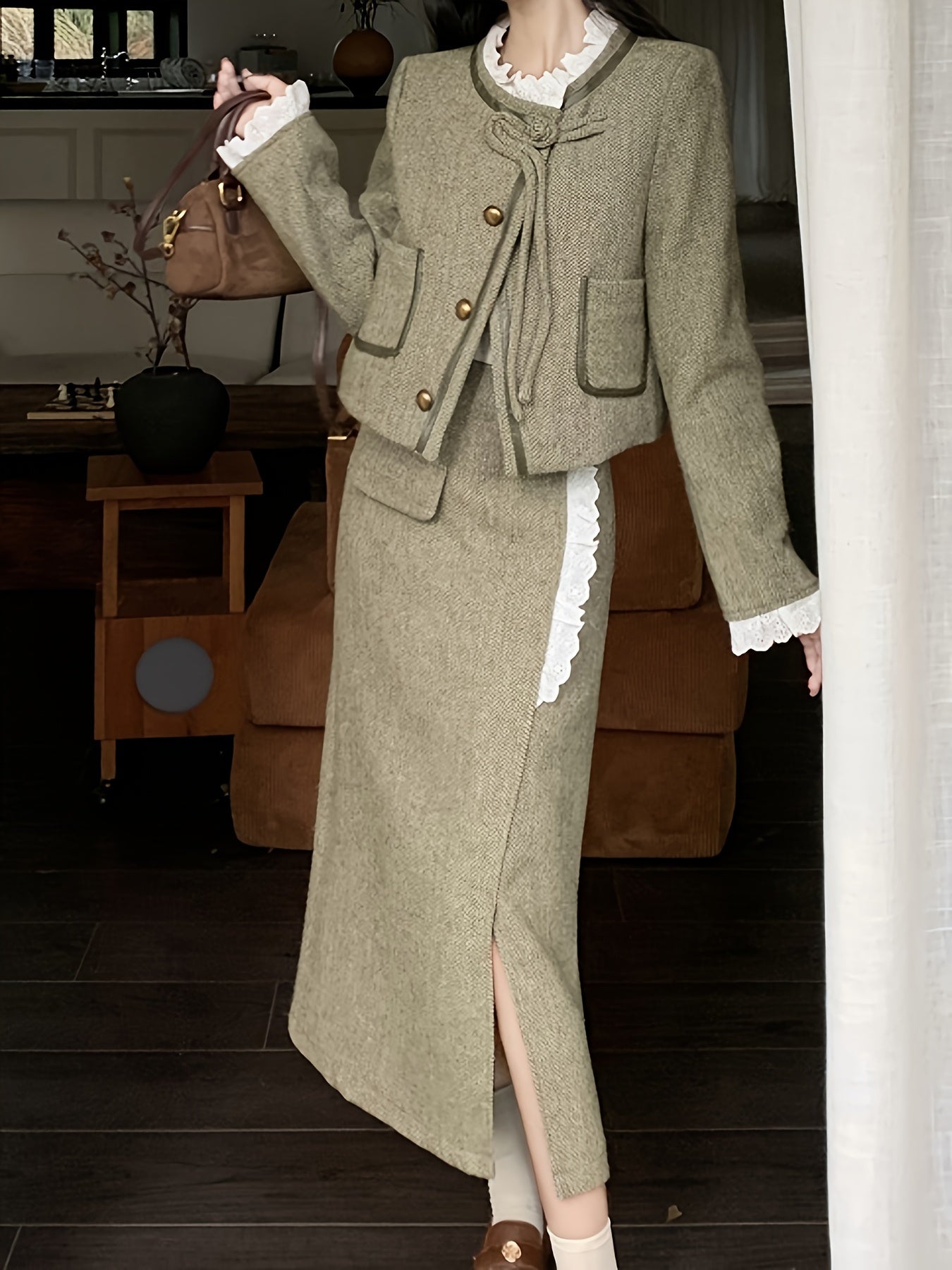 Sixsr Single Breasted Patched Pockets Jacket, Vintage Long Sleeve Outwear For Fall & Winter, Women's Clothing