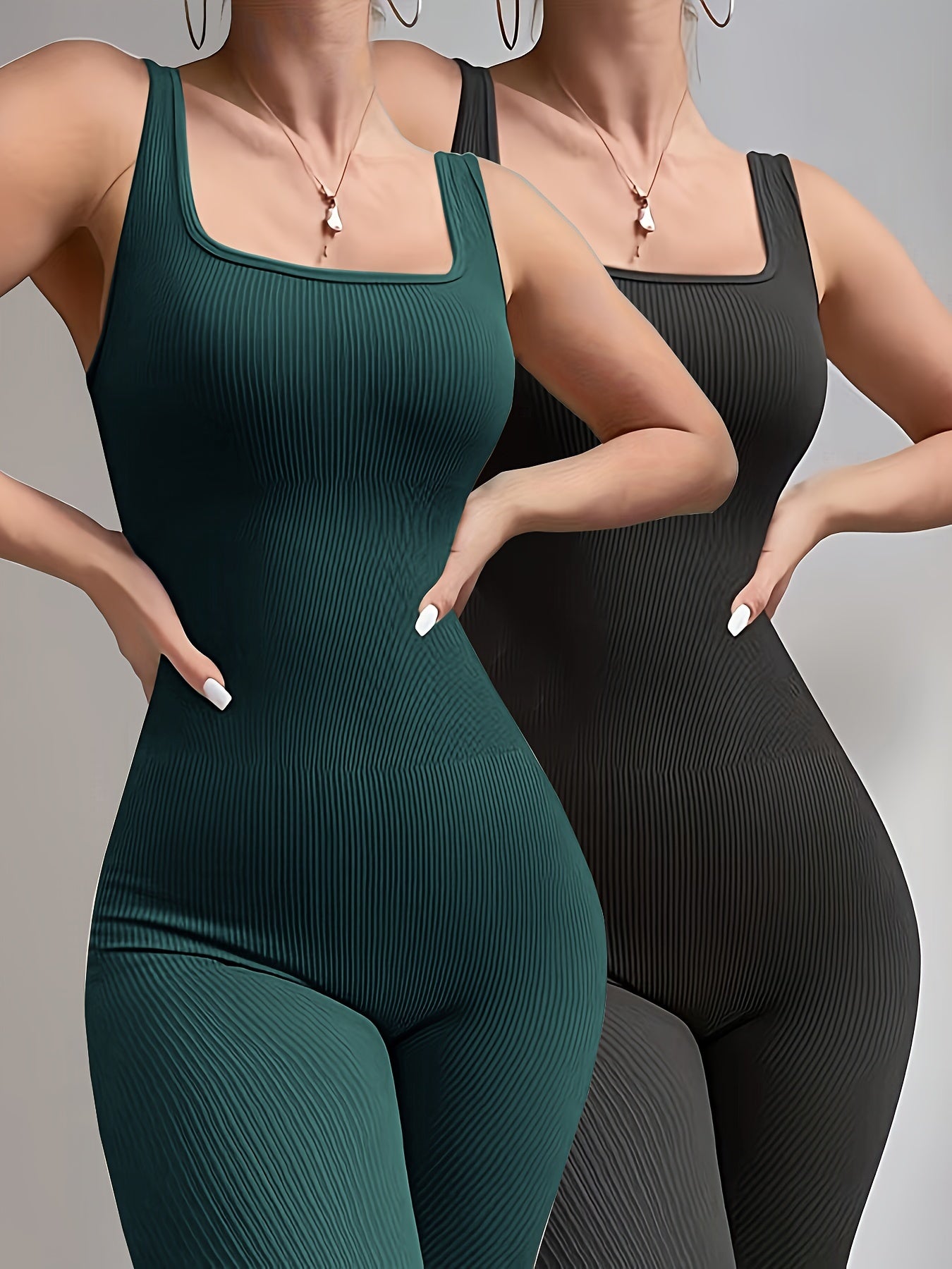 Sixsr 2pcs Solid Color Ribbed Yoga Jumpsuit, Square Neck Sports Fitness Sleeveless Bodysuit, Women's Activewear