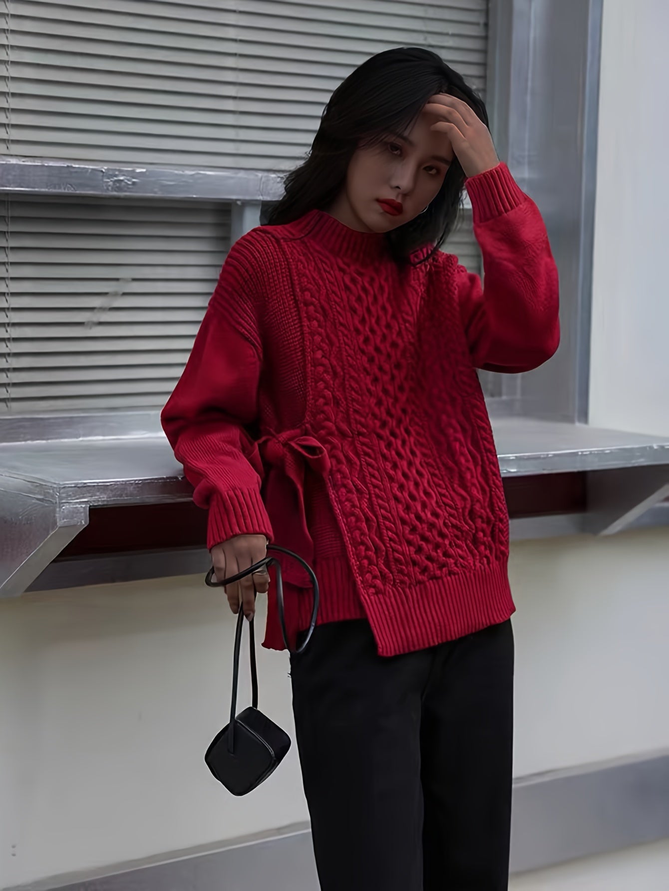 Sixsr Solid Lace Up Cable Knit Sweater, Casual Mock Neck Long Sleeve Loose Pullover Sweater, Women's Clothing