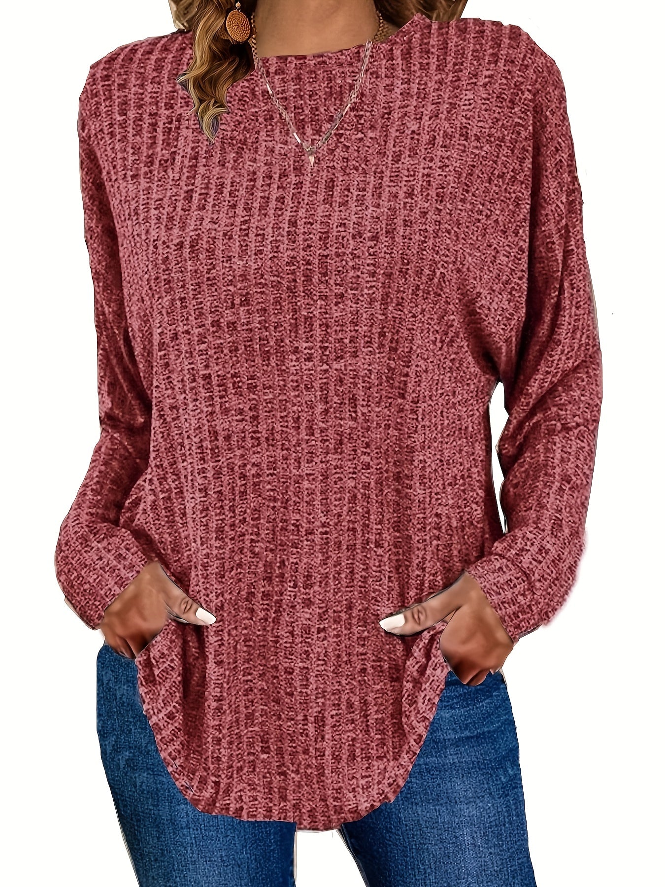 Sixsr Plus Size Casual Sweater, Women's Plus Solid Ribbed Long Sleeve Round Neck Knit Top