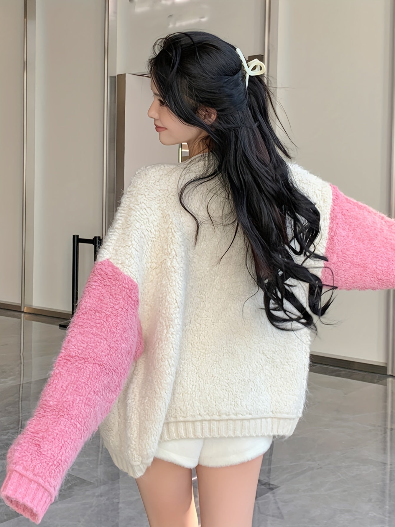 Sixsr Color Block Button Down Knit Cardigan, Casual Long Sleeve Pocket Fuzzy Sweater, Women's Clothing