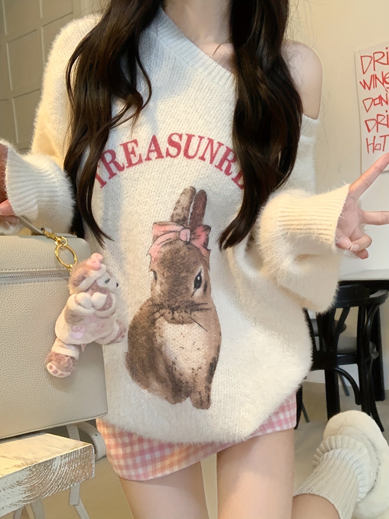 Sixsr Rabbit & Letter Pattern Knitted Sweater, Casual Crew Neck Long Sleeve Pullover Sweater For Fall & Winter, Women's Clothing