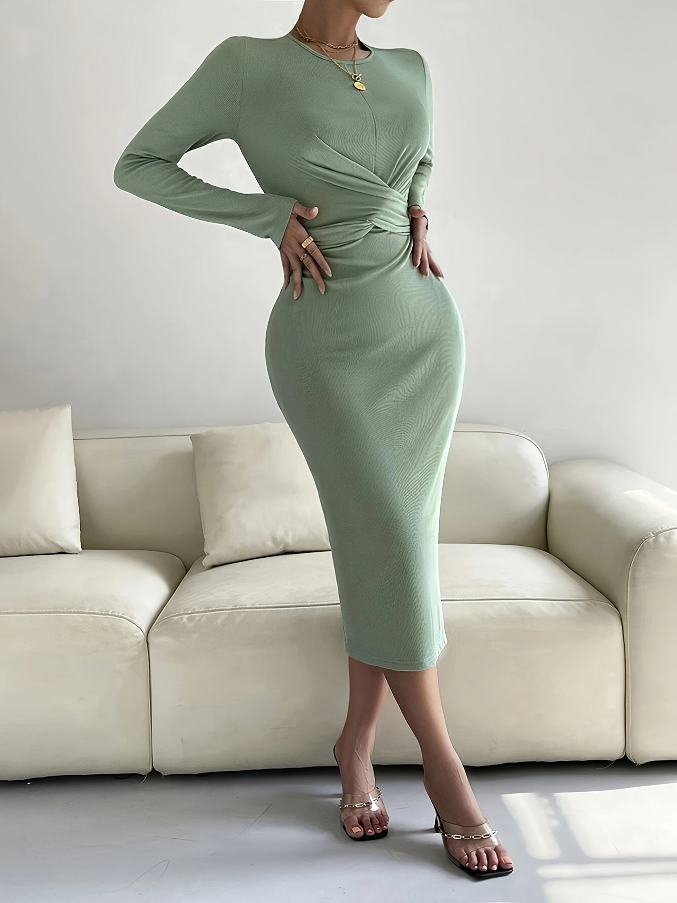 Sixsr Solid Bodycon Twist Front Dress, Crew Neck Dress For Fall & Winter, Women's Clothing