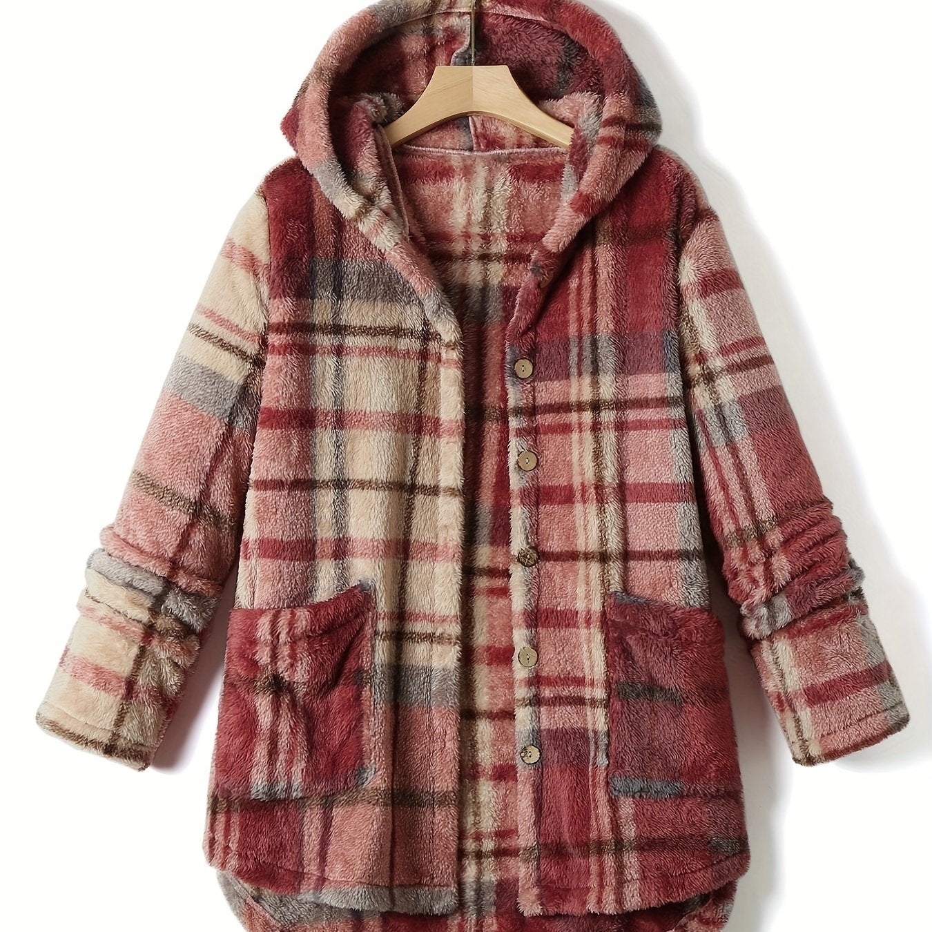 Sixsr Plus Size Casual Winter Coat, Women's Plus Plaid Pattern Fleece Liner Drop Shoulder Hooded Teddy Coat With Pockets