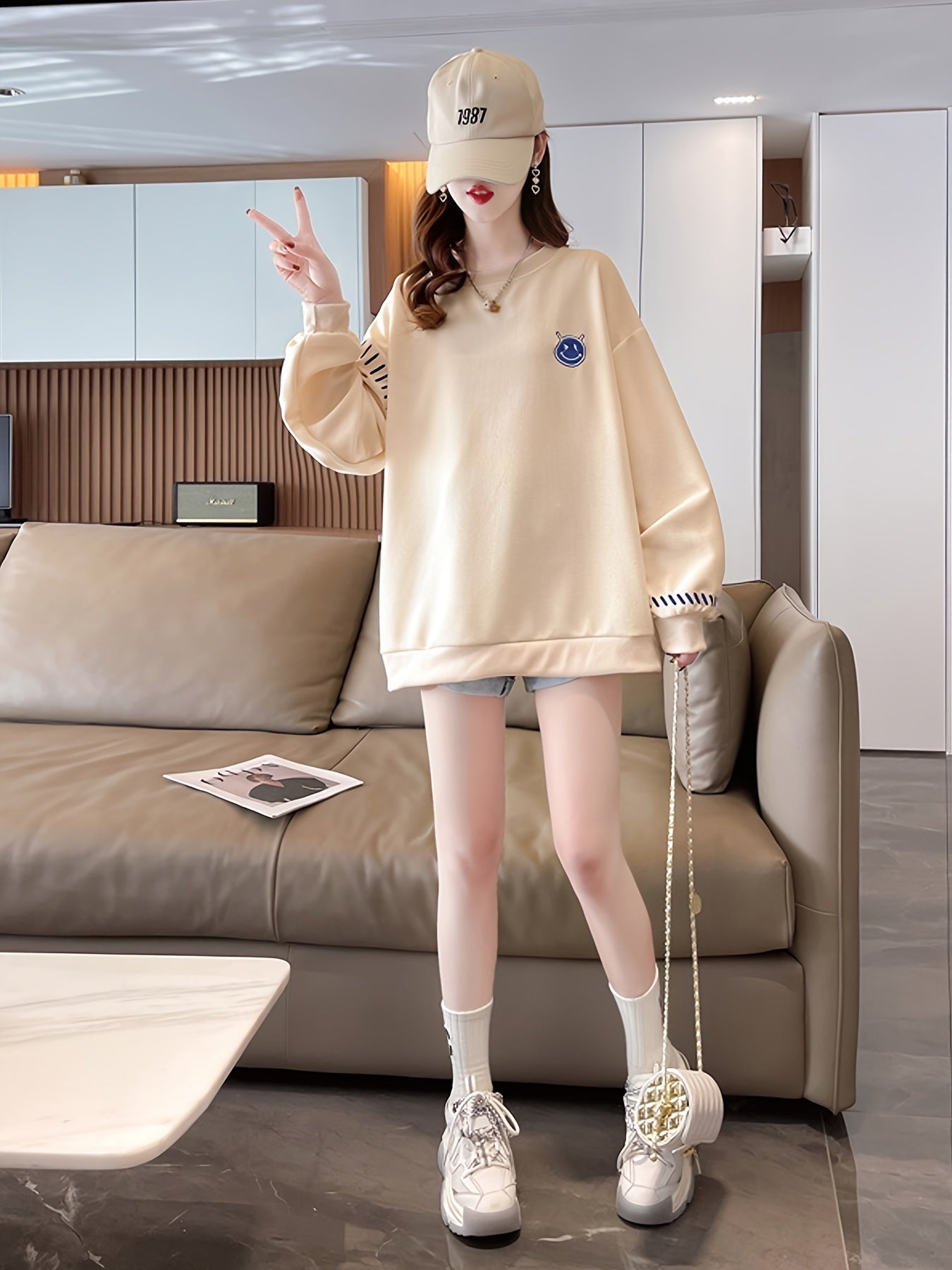 Sixsr Waffle Pullover Sweatshirt, Casual Long Sleeve Crew Neck Sweatshirt, Women's Clothing