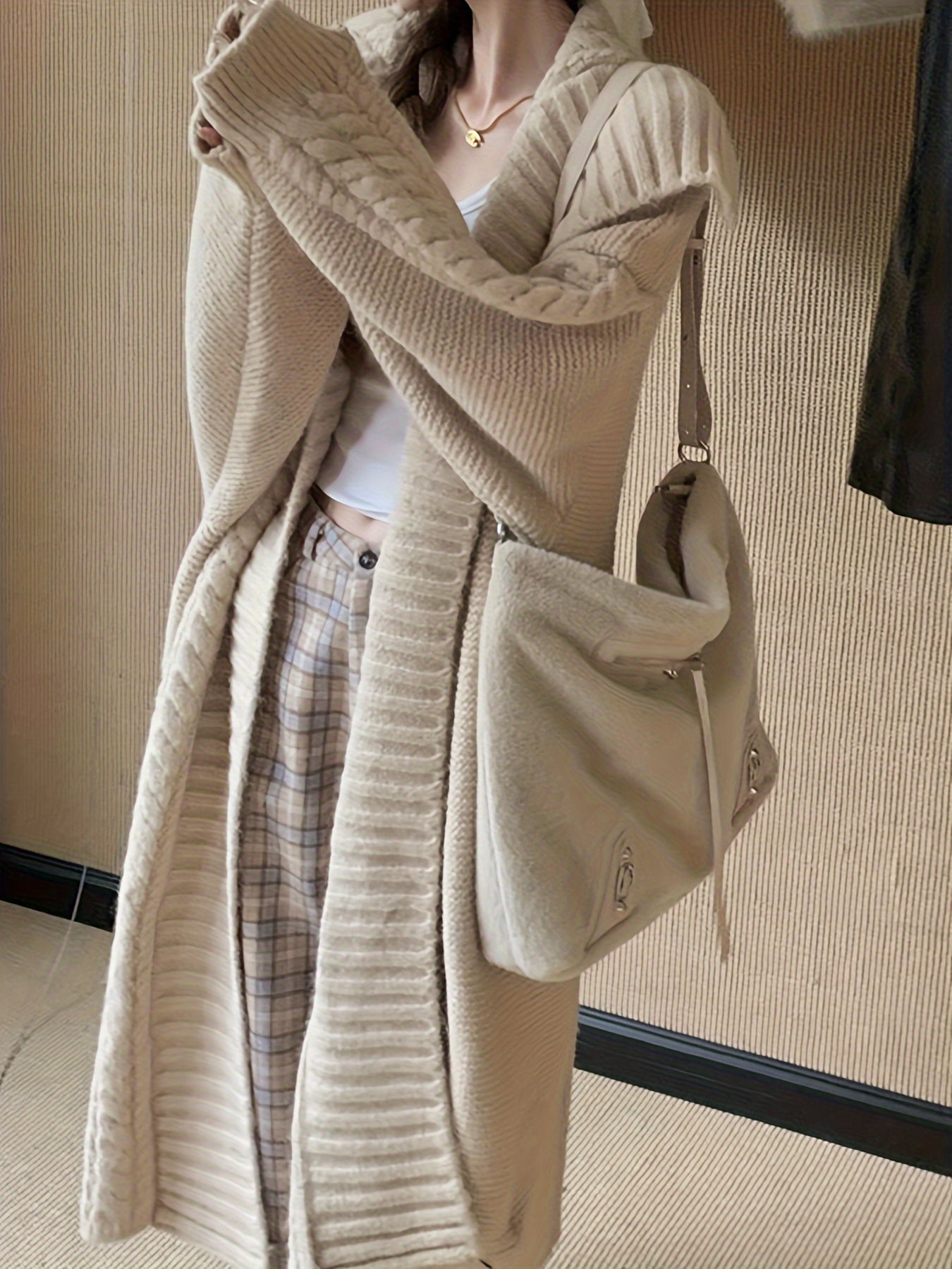 Sixsr Solid Open Front Collared Knit Cardigan, Elegant Long Sleeve Long Length Sweater Coat, Women's Clothing