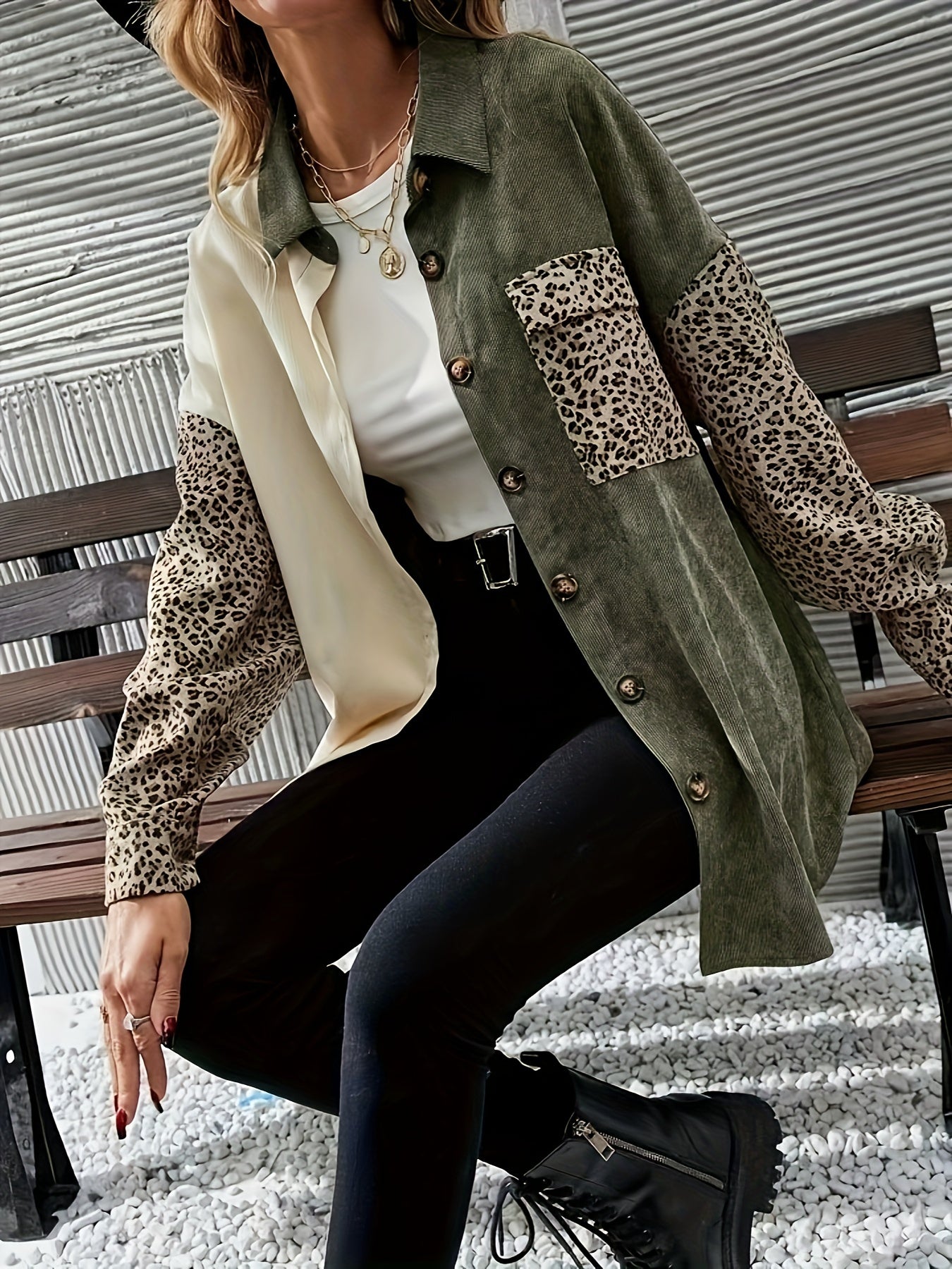 Sixsr Leopard Print Color Block Jacket, Casual Flap Pockets Lantern Sleeve Outwear For Spring & Fall, Women's Clothing