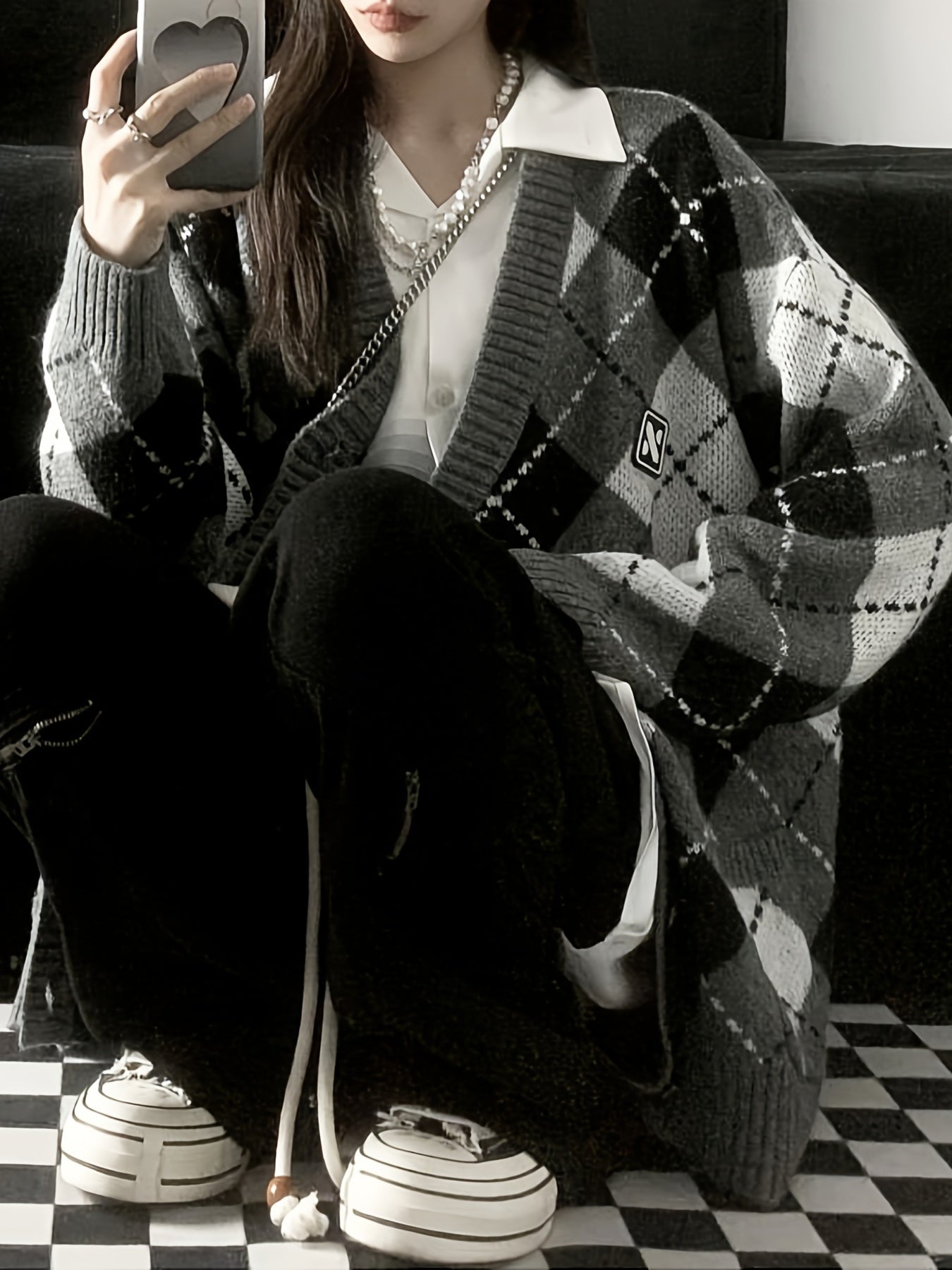 Sixsr Plaid Button Down Knit Cardigan, Preppy Long Sleeve Loose Sweater With Pocket, Women's Clothing