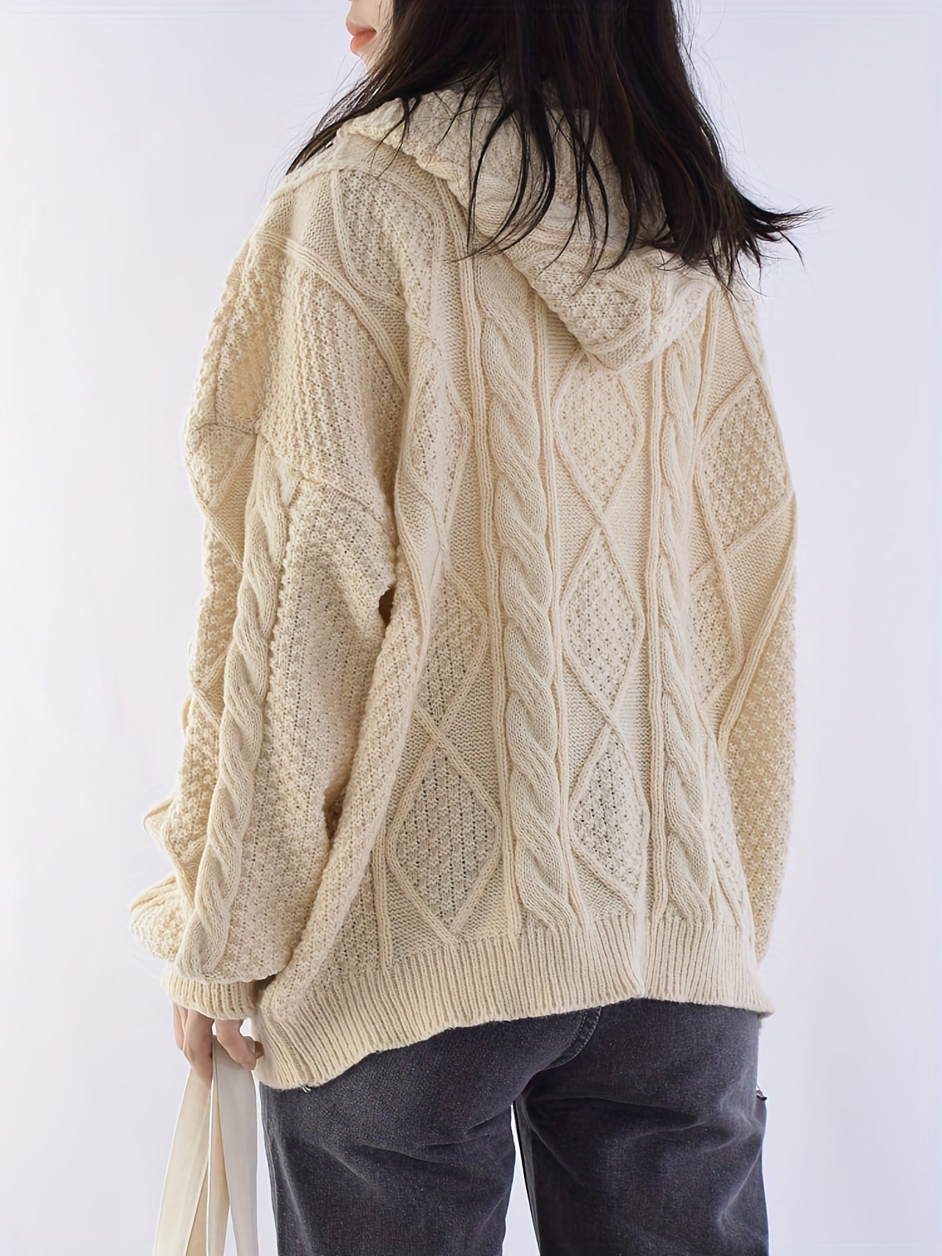 Sixsr Twist Pattern Button Up Hooded Cardigan, Casual Long Sleeve Cardigan For Fall & Winter, Women's Clothing