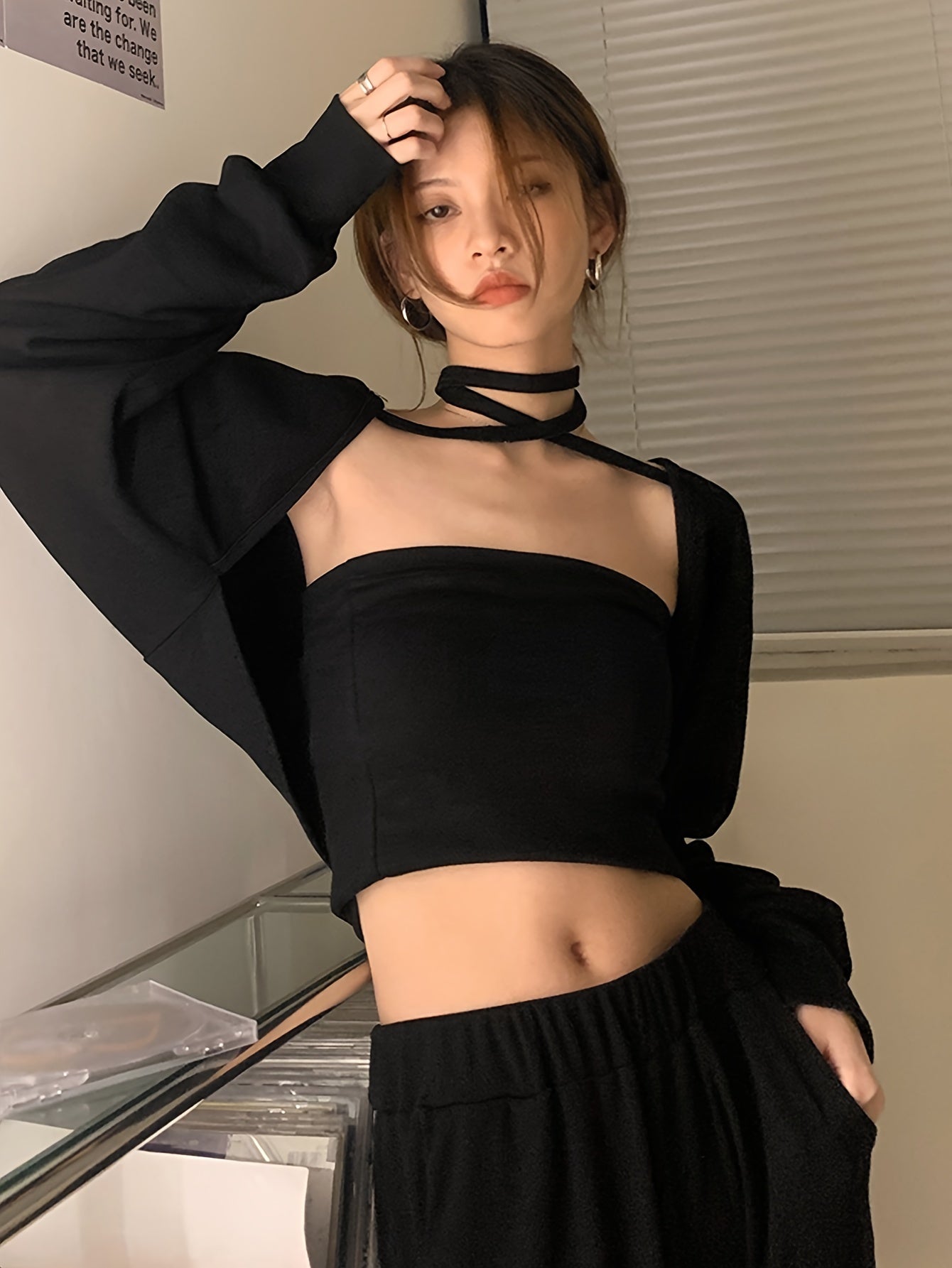 Sixsr Chic Solid Color Two-piece Set, Crop Strapless Tube Top & Choker Neck Long Sleeve Shrug Outfits, Women's Clothing