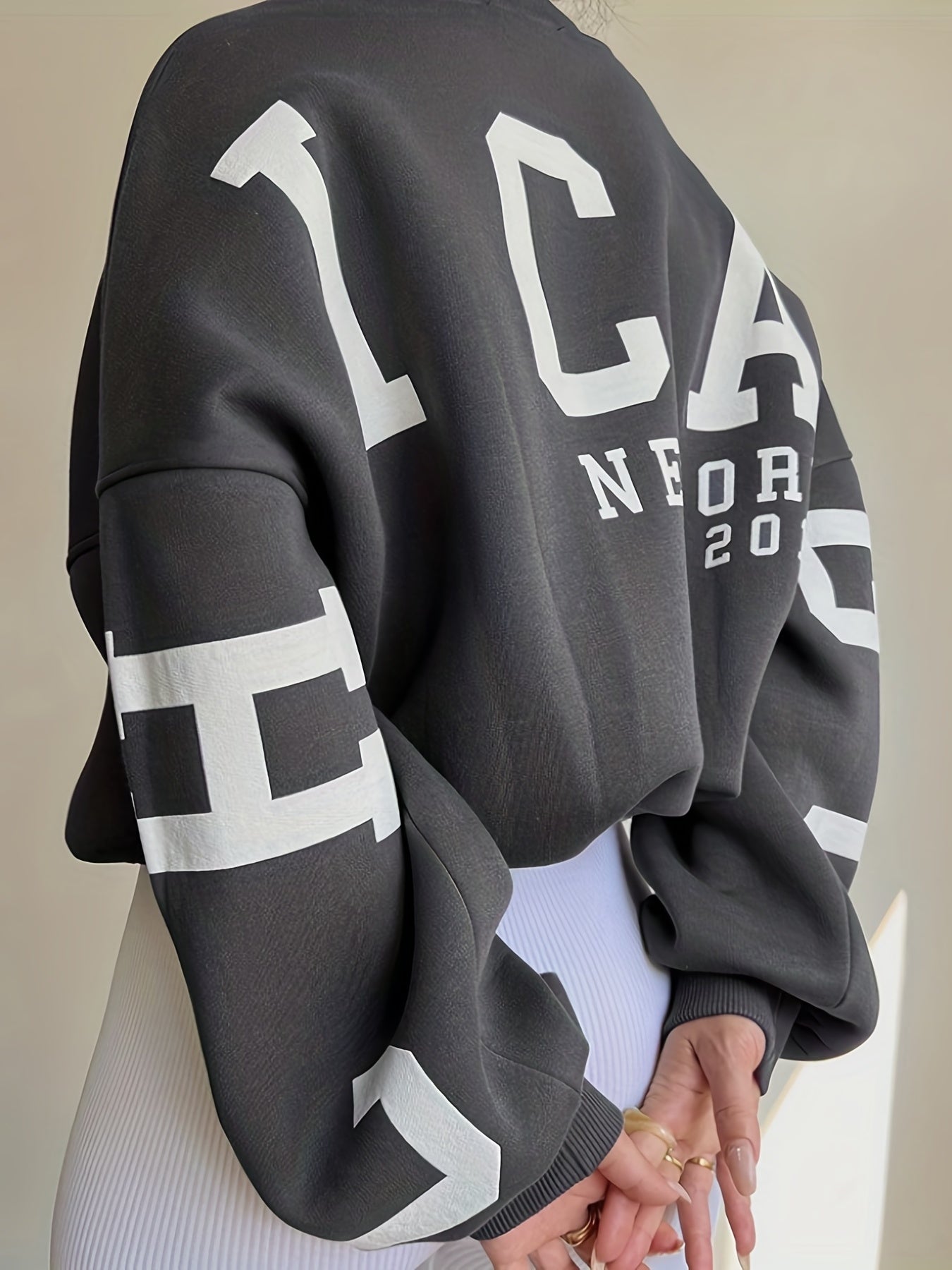 Sixsr Women Oversized Thermal Letter Graphic Print Sweatshirt Aesthetic Crew Neck Long Sleeve Drop Shoulder Pullover