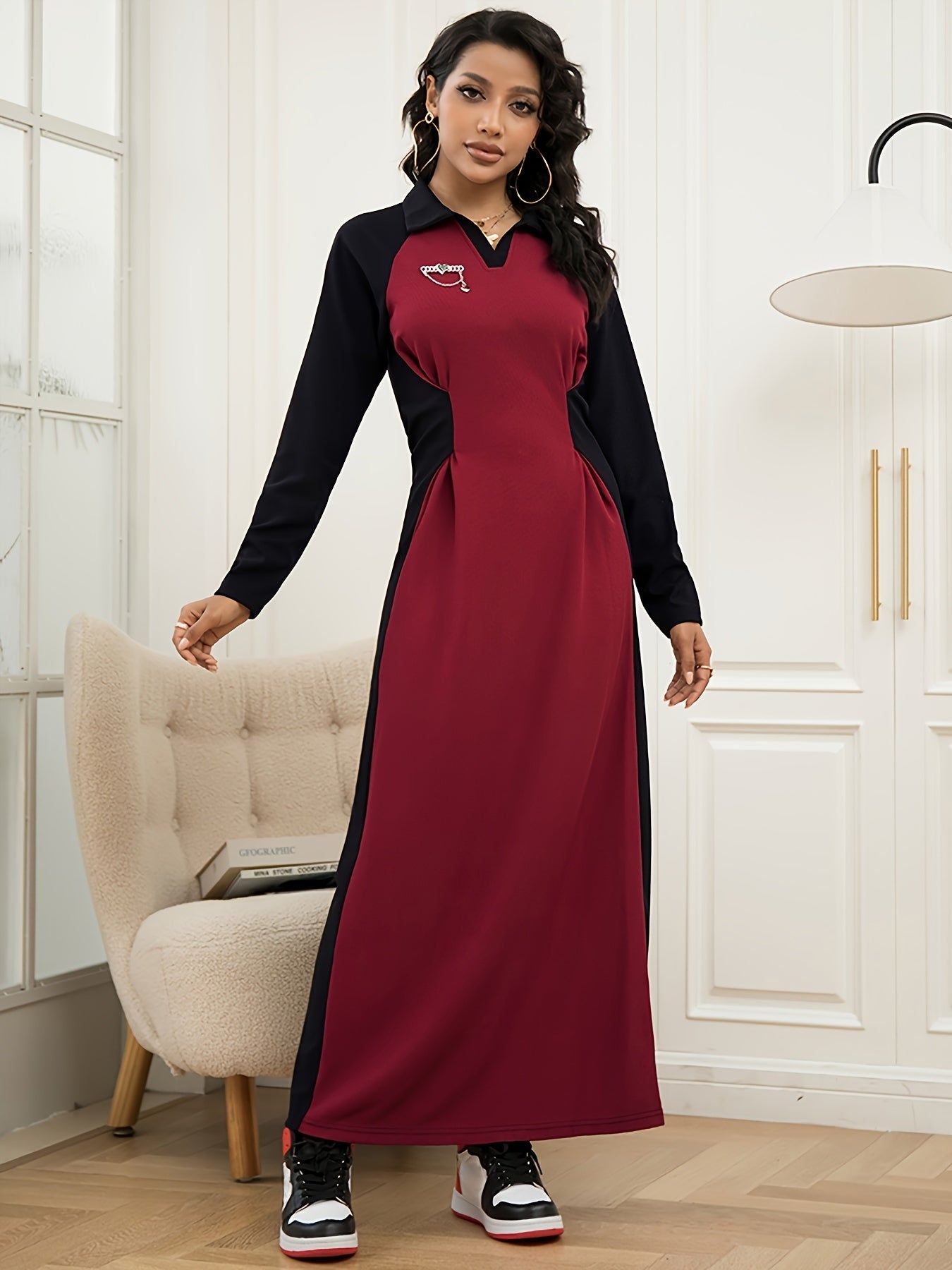 Sixsr Color Block Twist Dress, Casual Turn Down Collar Long Sleeve Bodycon Maxi Dress, Women's Clothing