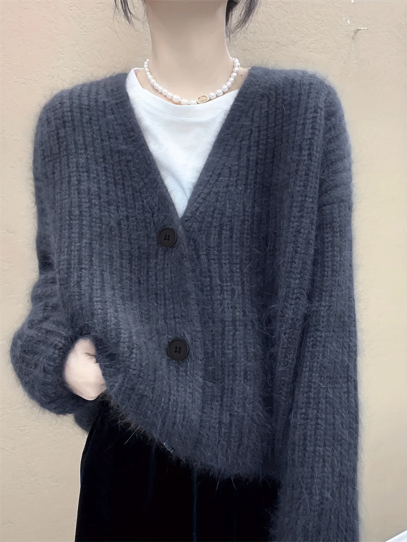 Sixsr Solid Button Down Knit Cardigan, Casual V Neck Long Sleeve Cozy Sweater, Women's Clothing