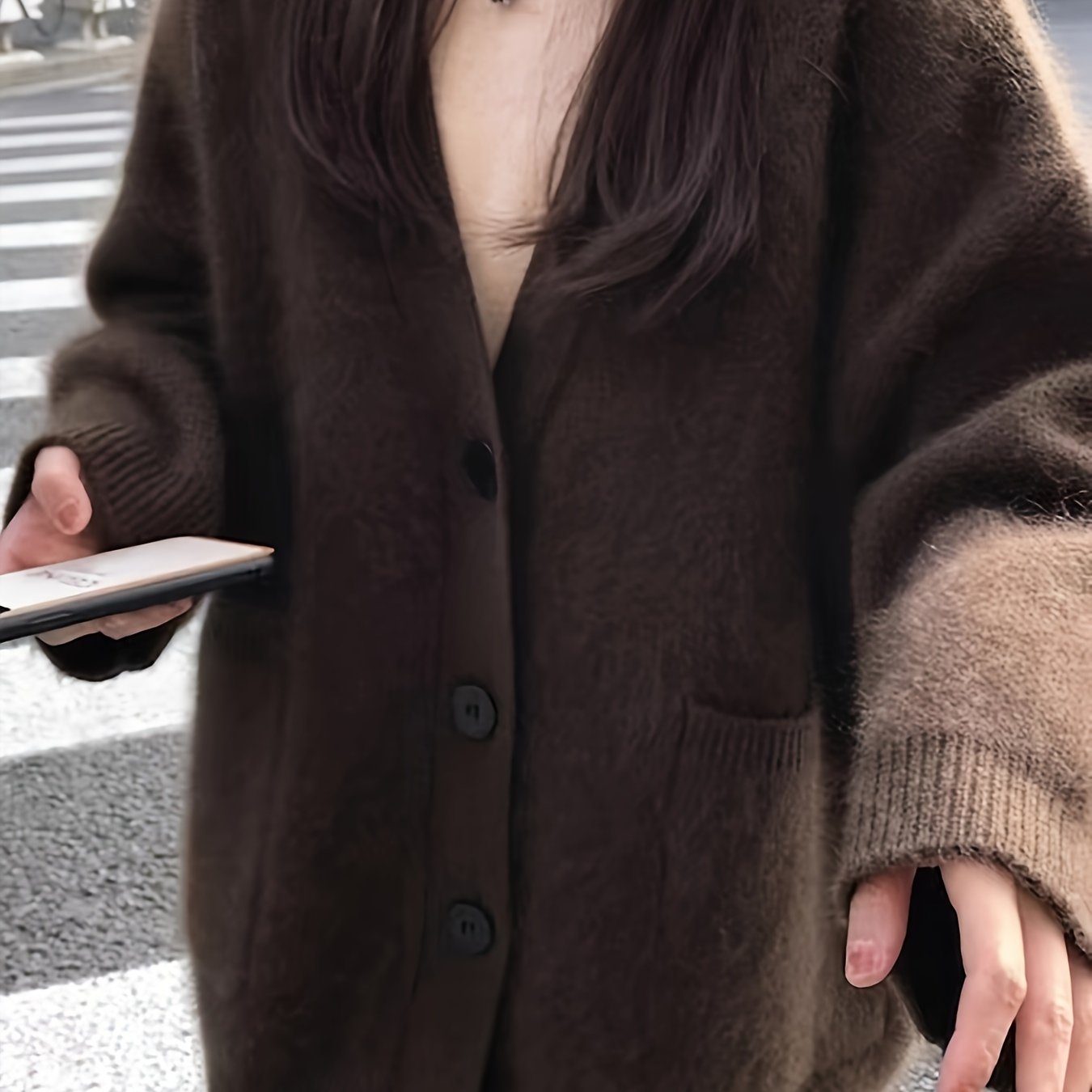 Sixsr Solid Button Down Knit Cardigan, Casual Long Sleeve Loose Fleece Sweater With Pocket, Women's Clothing