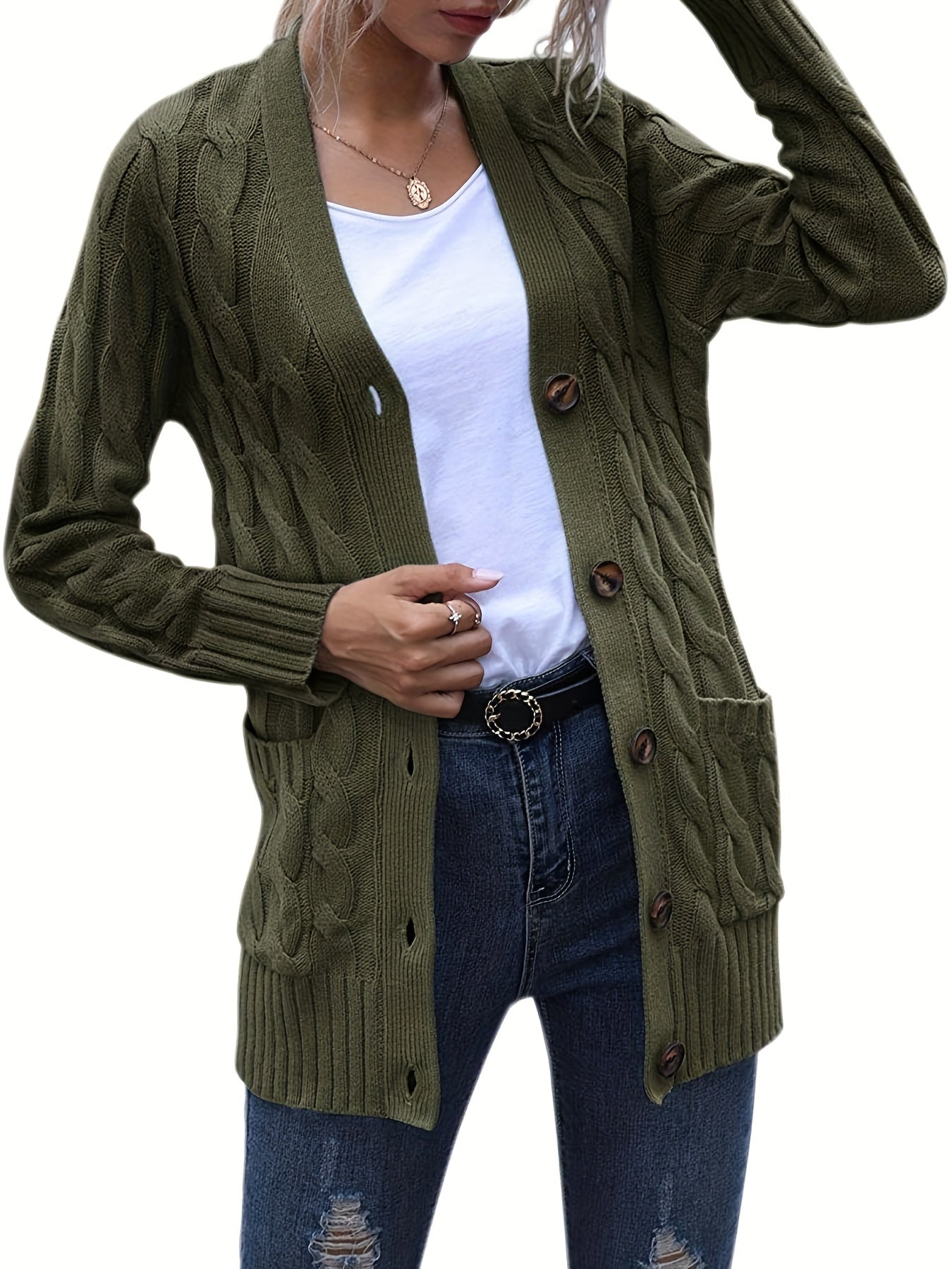 Sixsr Cable Knit Button Front Cardigan, Casual Solid Long Sleeve Cardigan For Fall & Winter, Women's Clothing