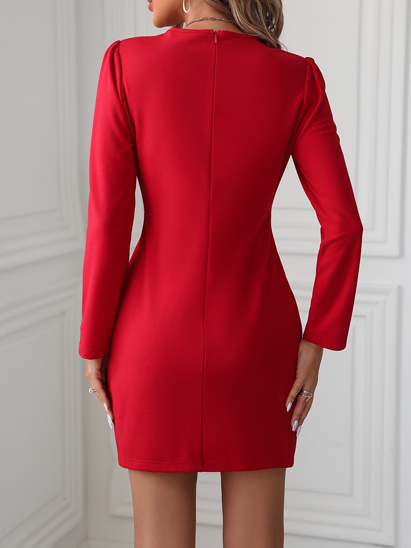 Sixsr Solid Color Bag Hip Dress, Elegant Waist Slim Crew Neck Long Sleeve Dress For Fall & Winter, Women's Clothing