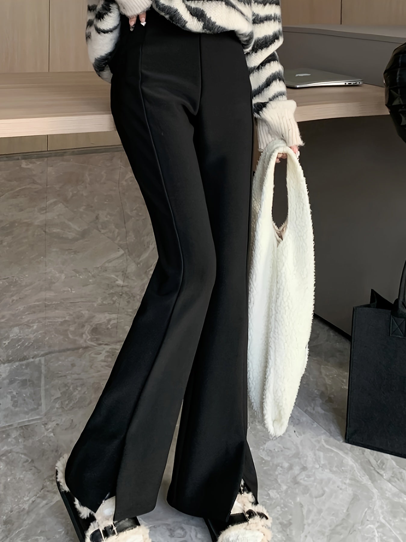 Sixsr Solid Split Flare Sleeve Pants, Casual High Waist Slim Pants For Fall & Winter, Women's Clothing