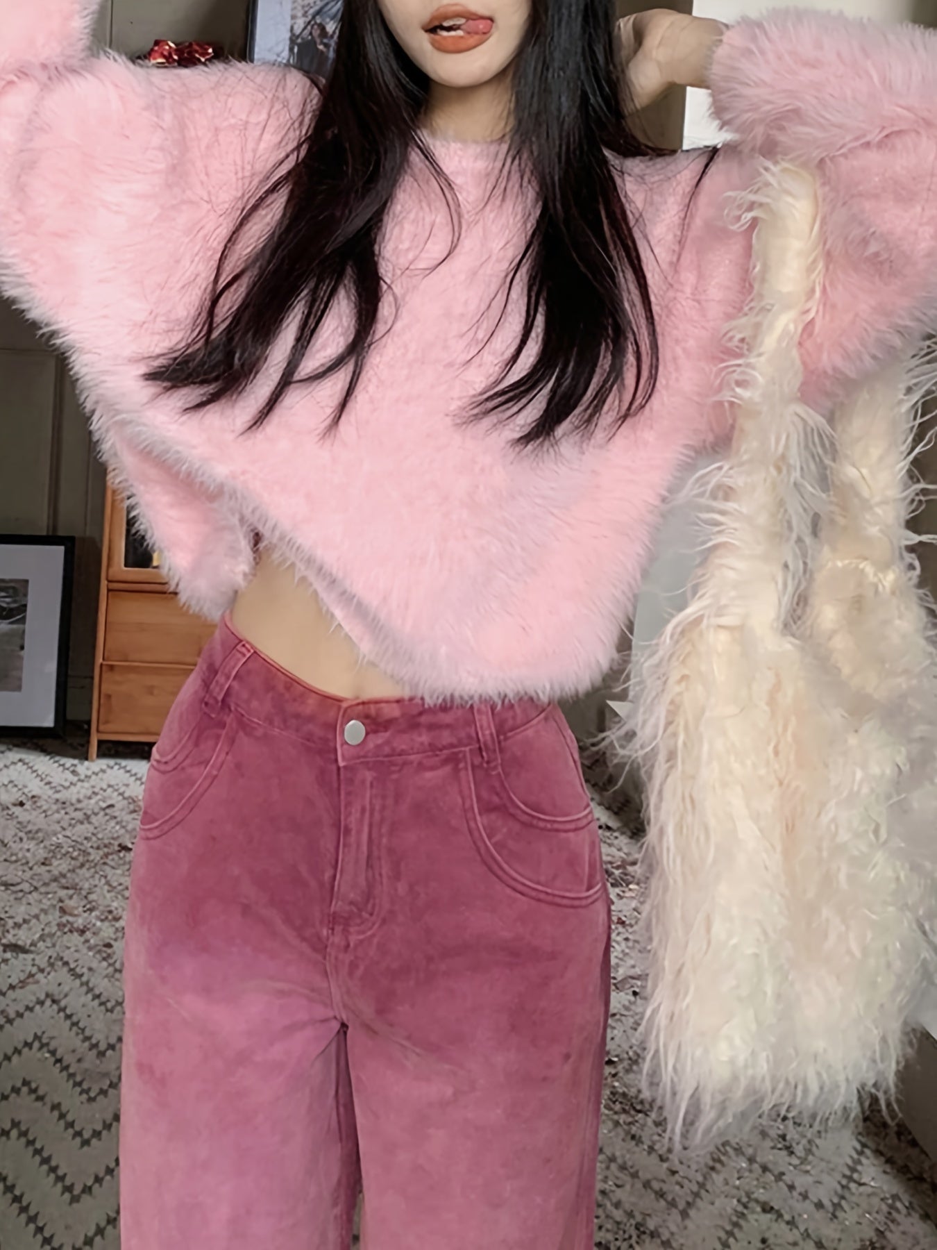 Sixsr Solid Color Faux Fur Crew Neck Sweater, Chic Long Sleeve Sweater For Fall & Winter, Women's Clothing