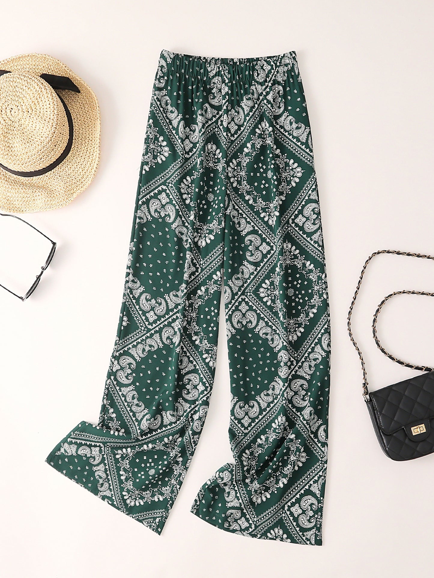 Paisley Scarf Print Wide Leg Pants, Boho Casual Loose Pants For Spring & Summer, Women's Clothing