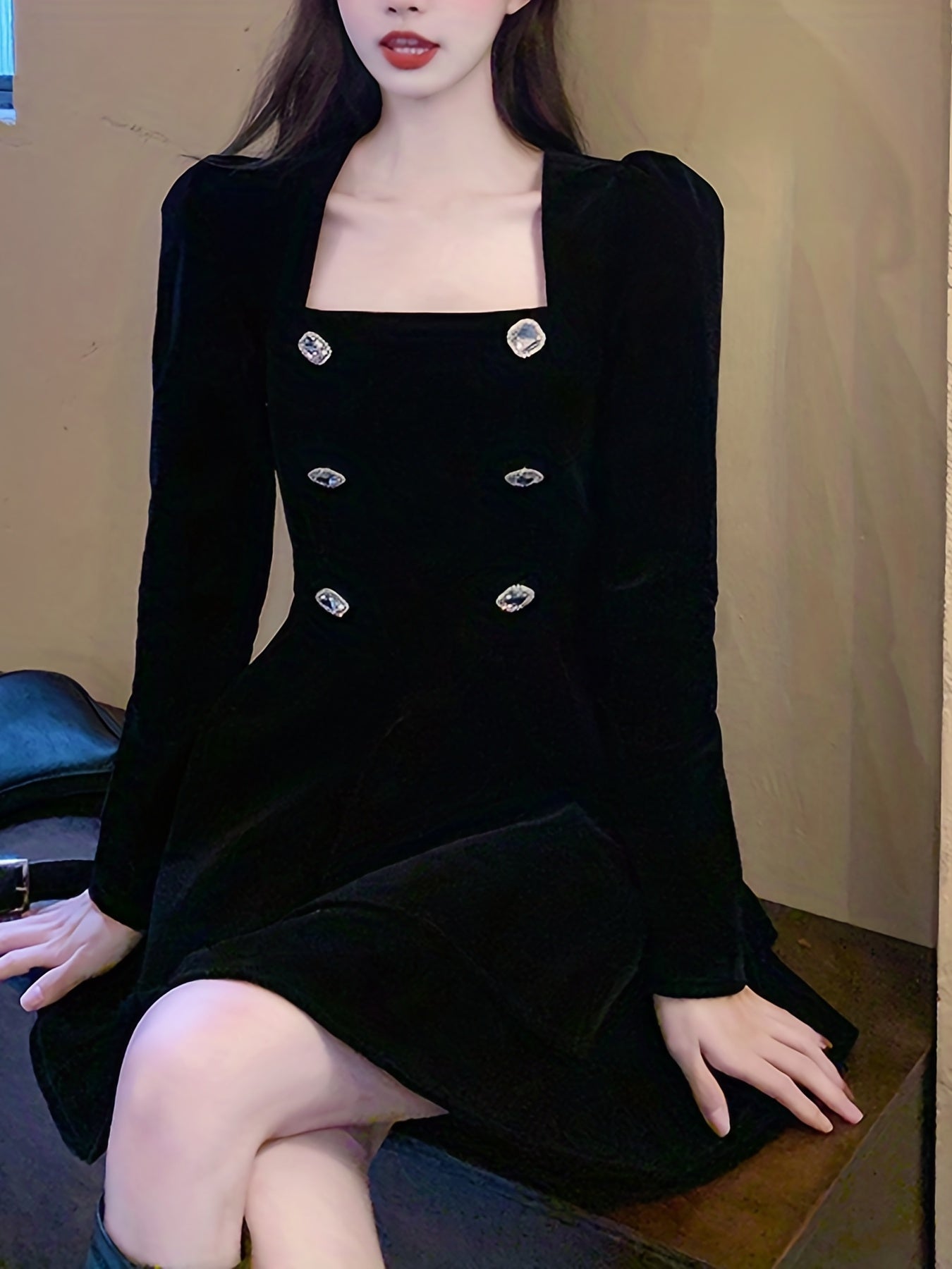 Sixsr Double Breasted Solid Dress, Casual Squared Neck Long Sleeve Dress, Women's Clothing