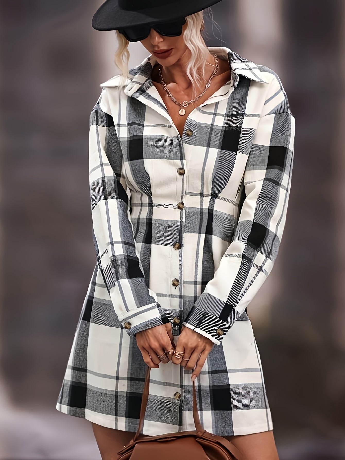 Sixsr Plaid Print Shirt Dress, Casual Button Front Long Sleeve Dress, Women's Clothing