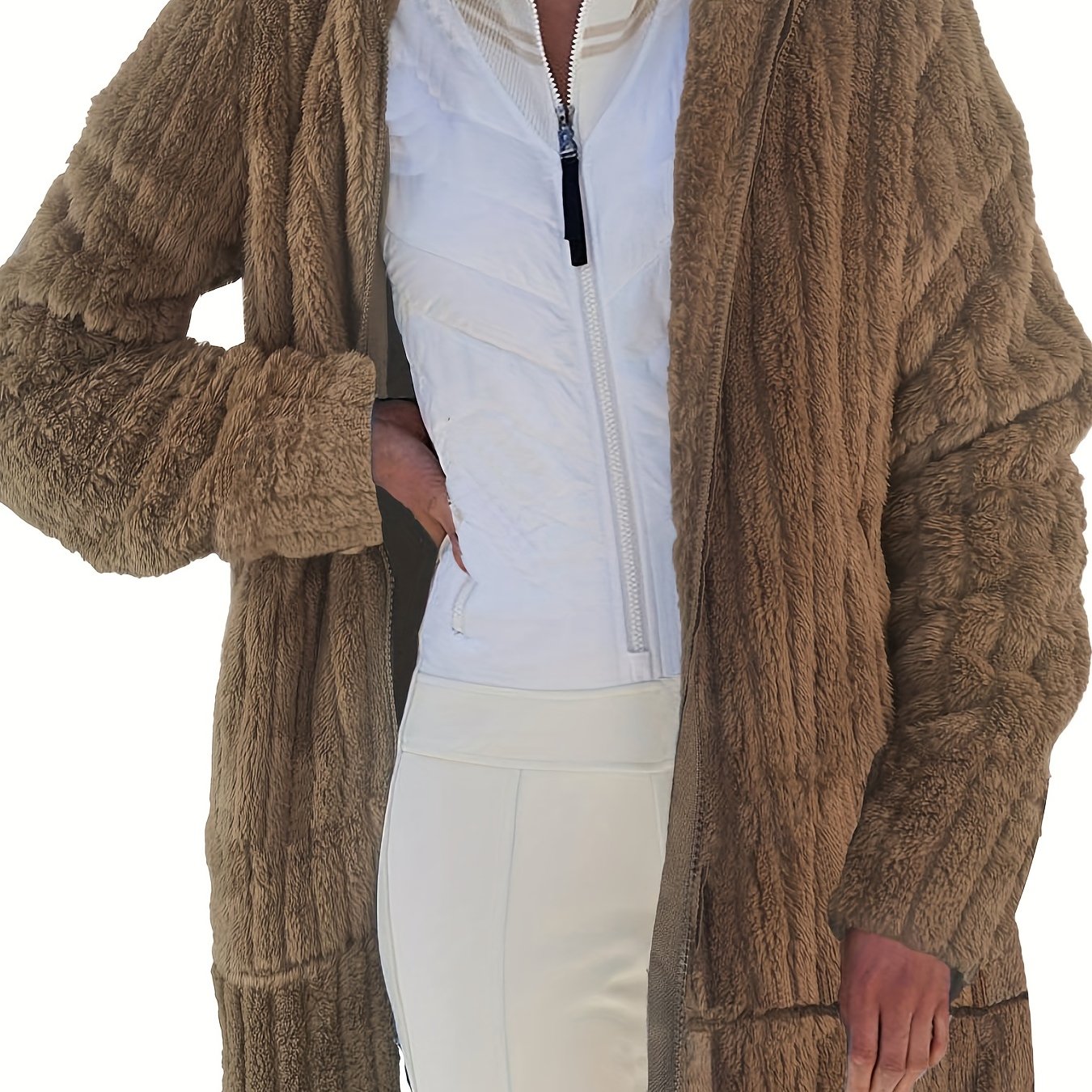 Sixsr Plus Size Casual Coat, Women's Plus Solid Ribbed Fuzzy Fleece Zip Up Long Sleeve Hooded Overcoat With Pockets