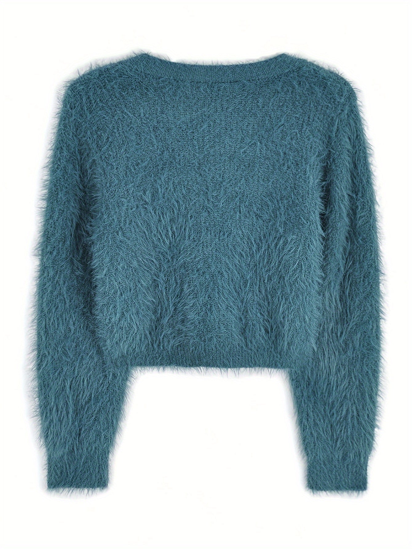 Sixsr Solid Color Button Front Cardigans Top, Casual Slim Fuzzy Long Sleeve Crop Top For Fall & Winter, Women's Clothing