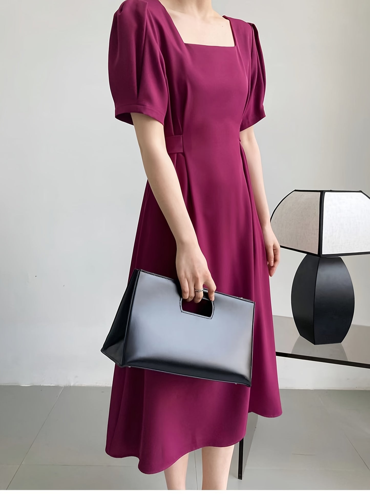 Sixsr Solid Squared Neck Short Sleeve Tie Back Dress, Elegant Ruffled Hem Stylish Maxi Dress, Women's Clothing