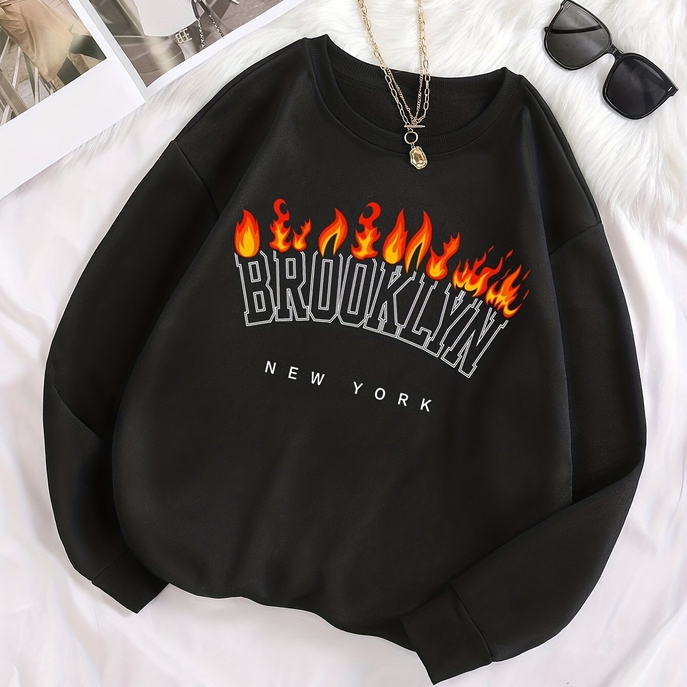 Sixsr Plus Size Casual Sweatshirt, Women's Plus Letter & Fire Print Long Sleeve Round Neck Sweatshirt