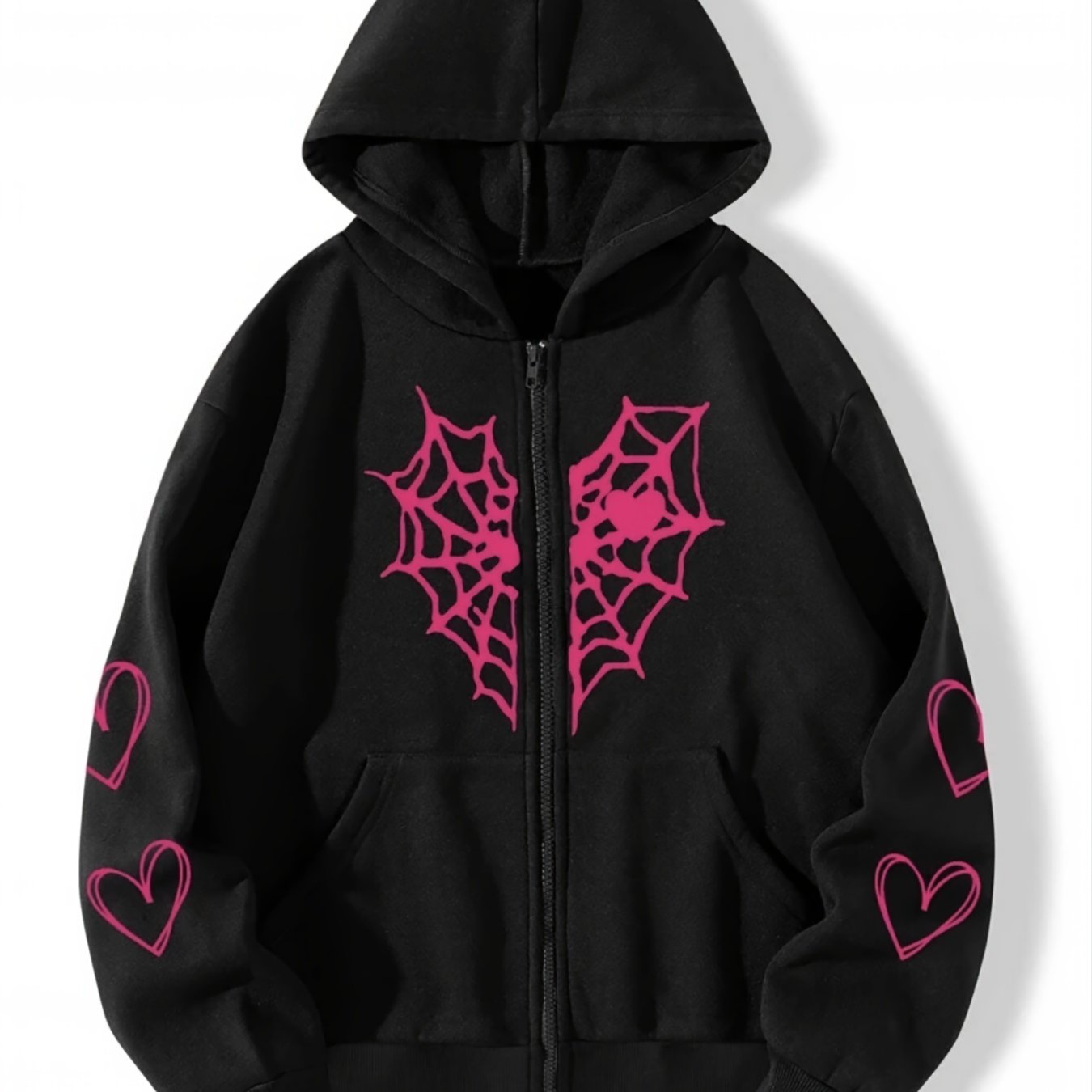 Sixsr Spider Web Heart-shaped Print Drawstring Loose Hoodies, Casual Zipper Hooded Pocket Fashion Long Sleeve Sweatshirt, Women's Clothing