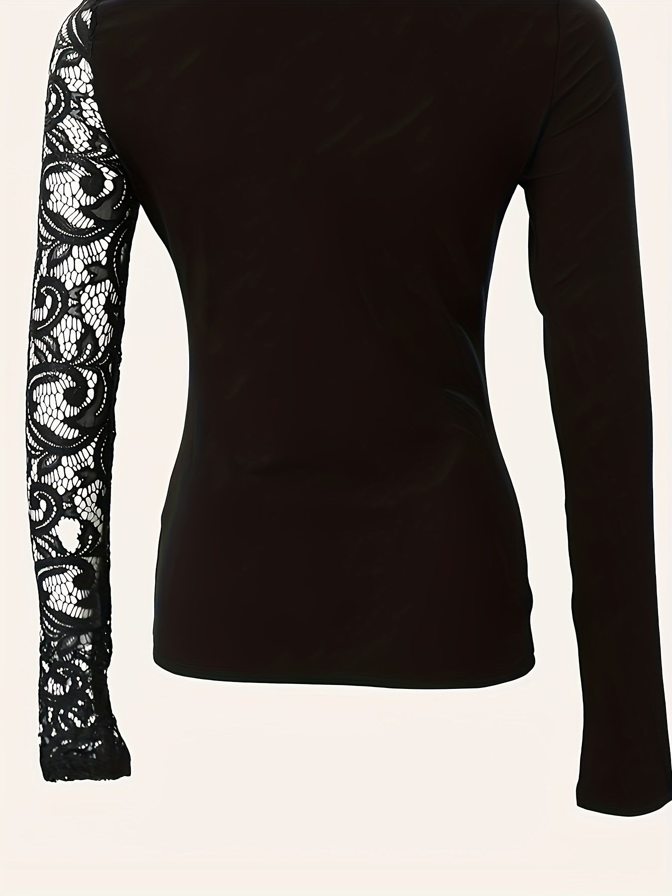 Sixsr Cutout Lace Stitching T-Shirt, Casual Mock Neck Long Sleeve Top For Spring & Summer, Women's Clothing