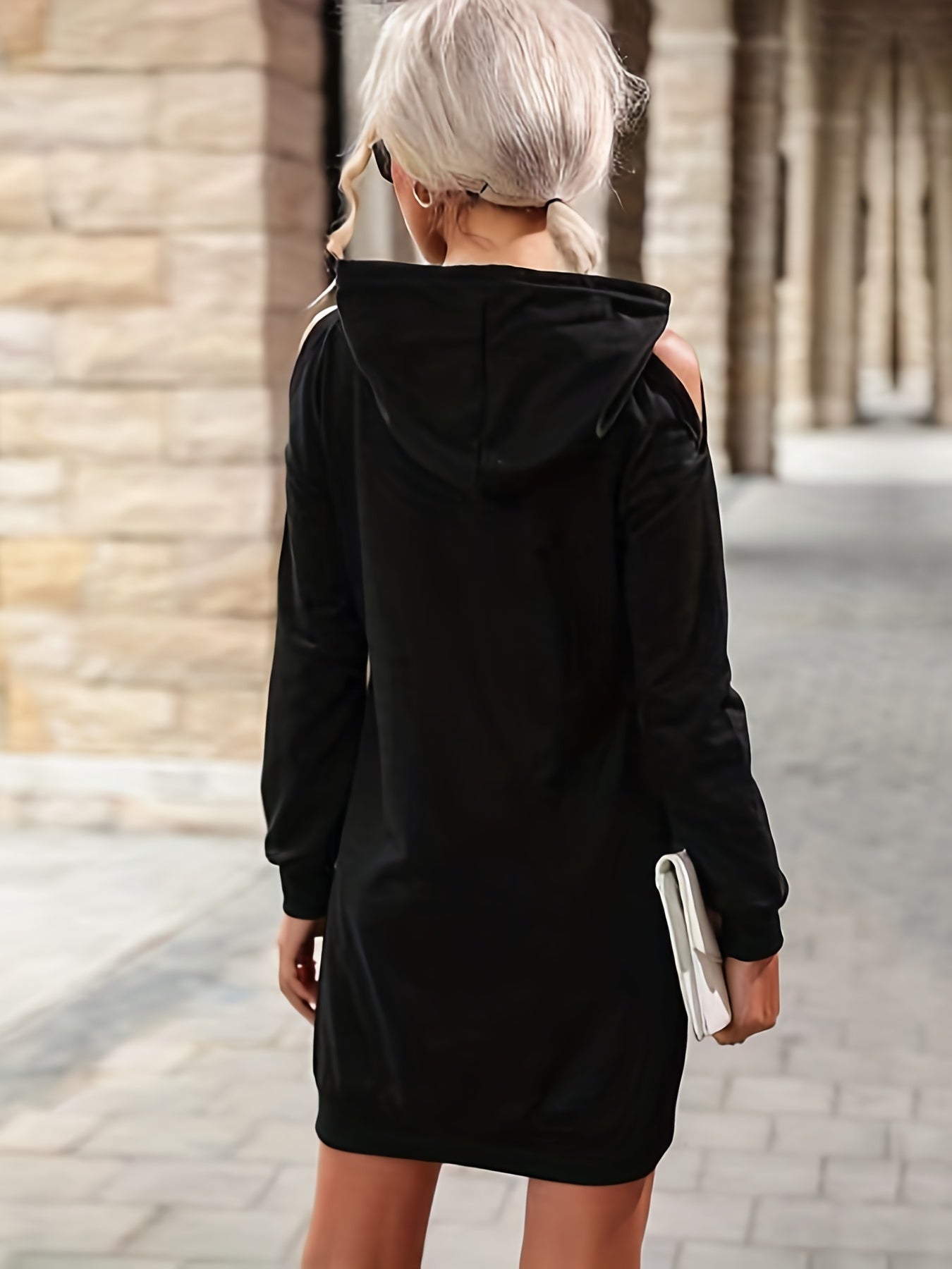 Sixsr Solid Cold Shoulder Drawstring Hooded Dress, Casual Long Sleeve Mini Dress With Pocket, Women's Clothing
