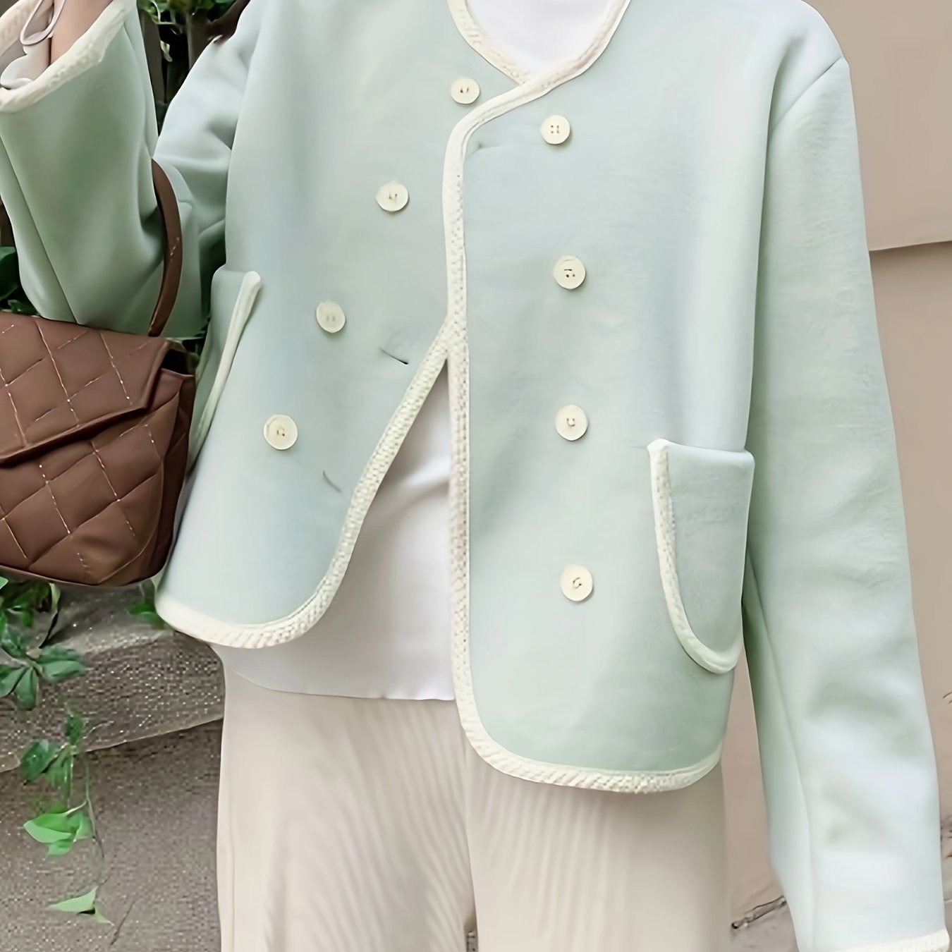 Sixsr Fuzzy Trim Crew Neck Jacket, Elegant Double Breasted Long Sleeve Outerwear, Women's Clothing