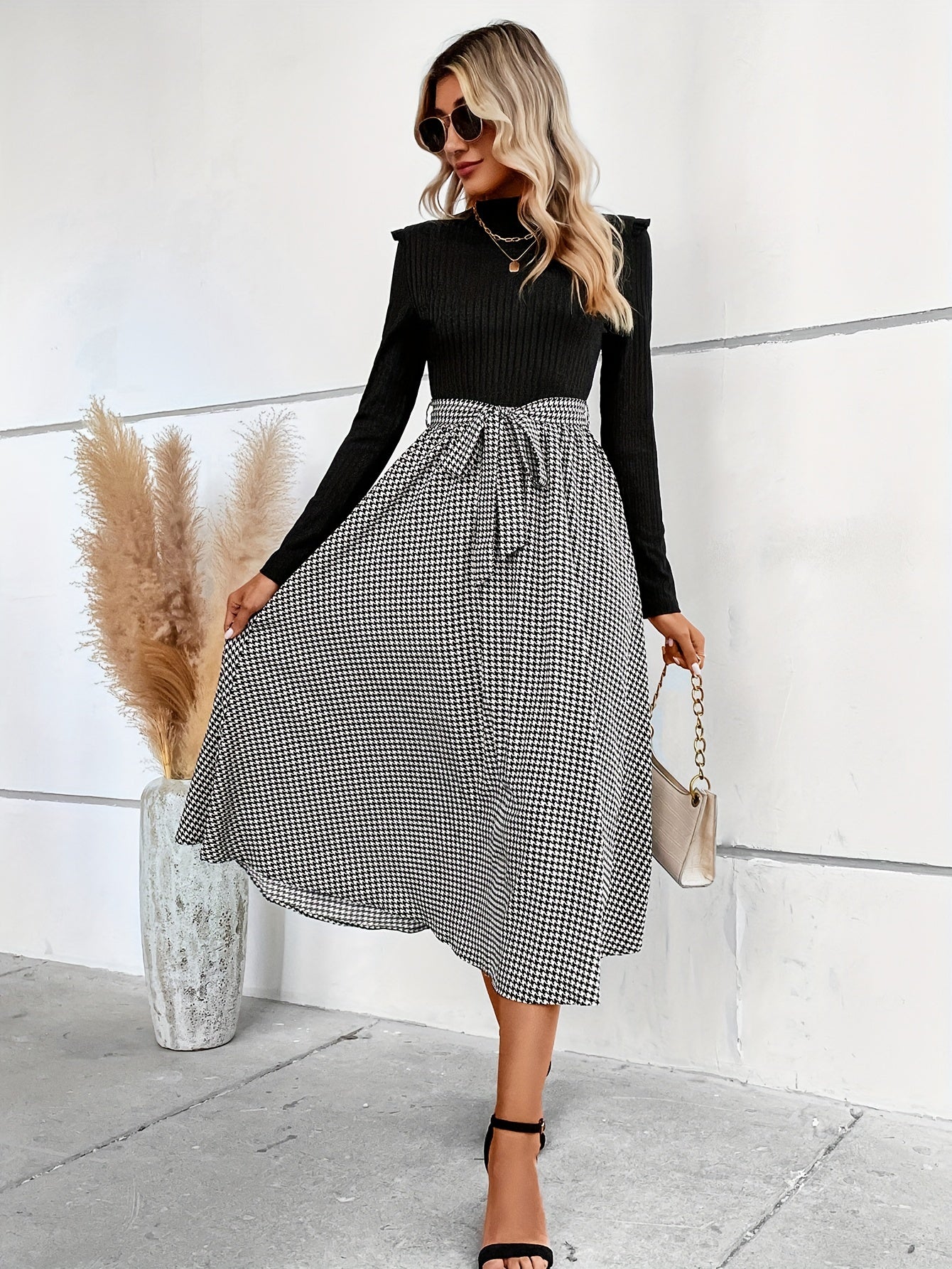 Sixsr Houndstooth Print Splicing Dress, Elegant Mock Neck Long Sleeve Dress, Women's Clothing