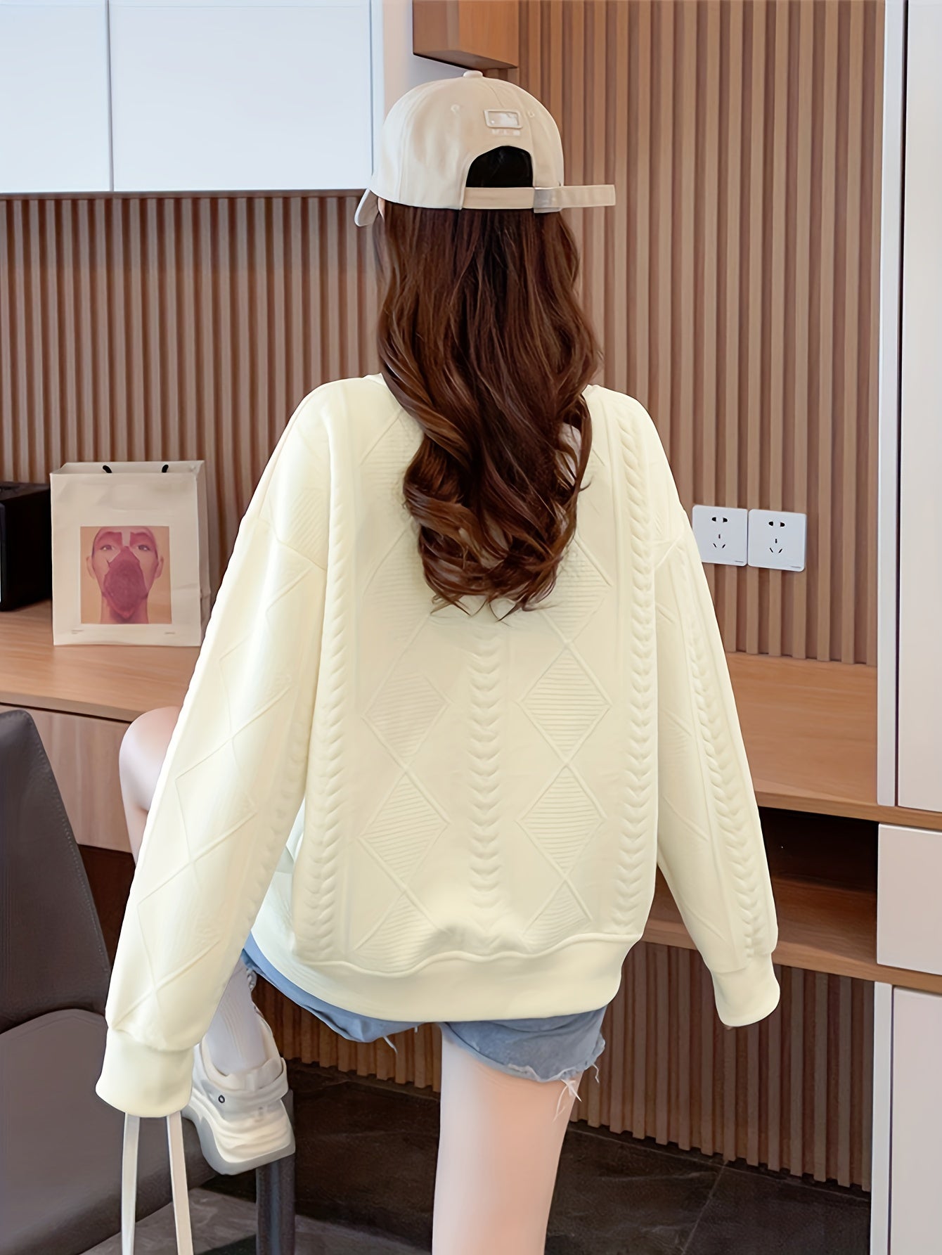Sixsr Fruit Decor Pullover Textured Sweatshirt, Casual Long Sleeve Crew Neck Sweatshirt For Fall & Winter, Women's Clothing