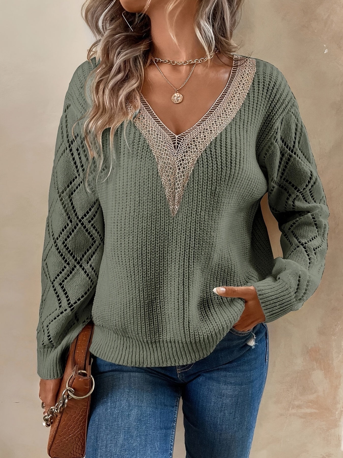 Sixsr Solid V Neck Knitted Sweater, Hollow Out Long Sleeve Casual Sweater For Fall & Winter, Women's Clothing