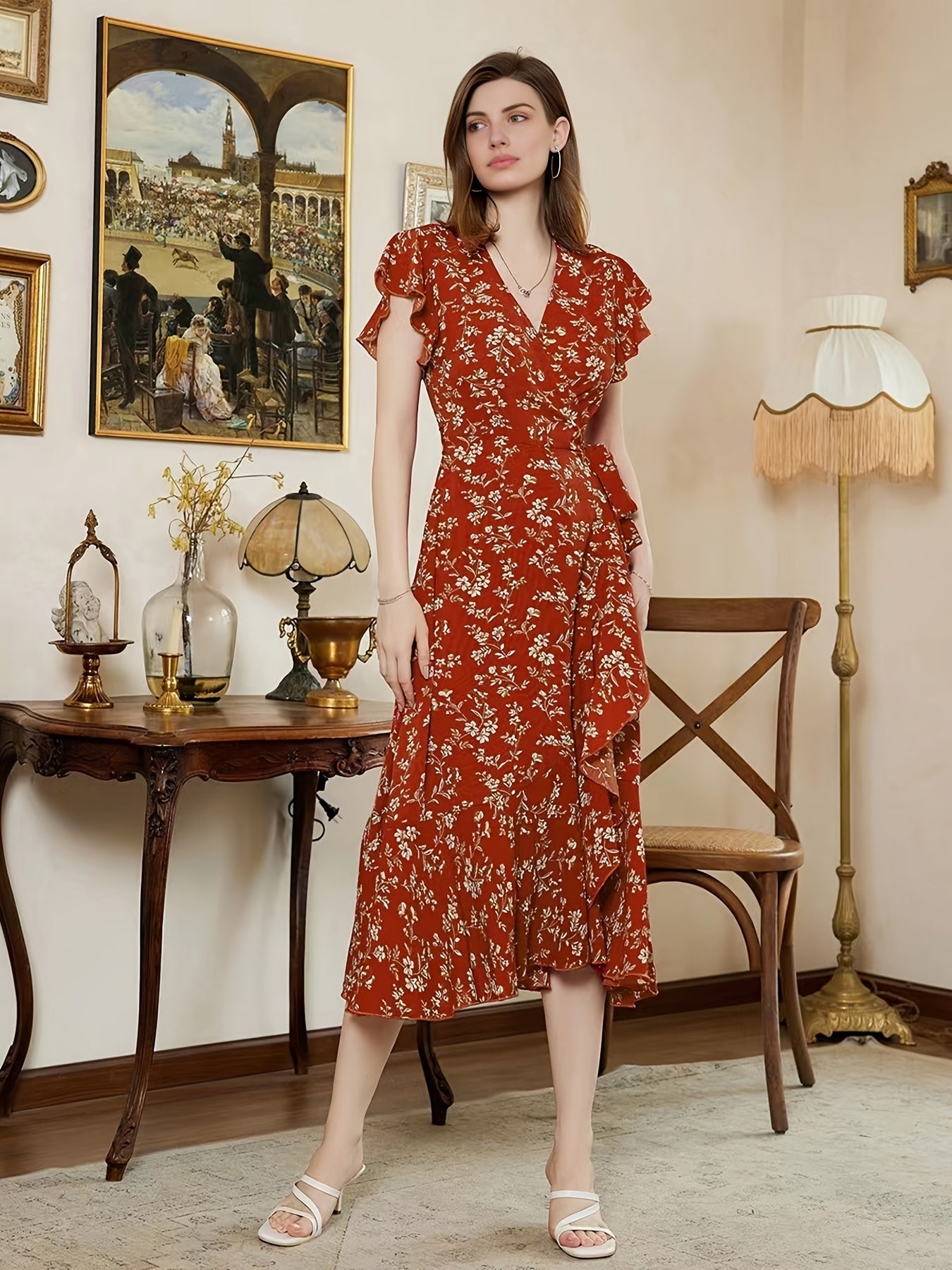 Sixsr Floral Print Vacation Deep V Neck Dress, Elegant Casual Every Day Dress For All Season, Women's Clothing