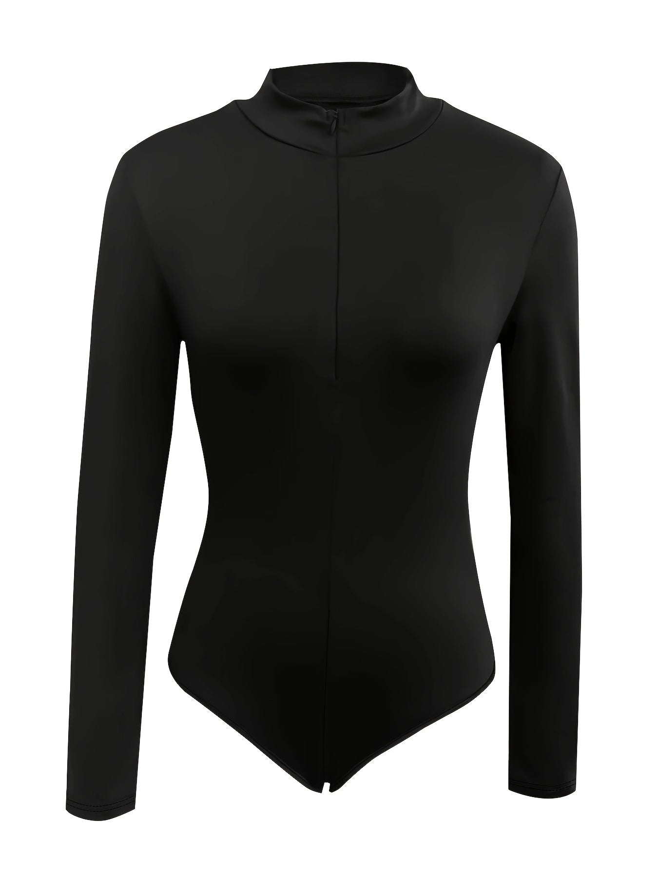 Solid Zip Up Mock Neck Bodysuit, Elegant Long Sleeve Slim Bodysuit, Women's Clothing