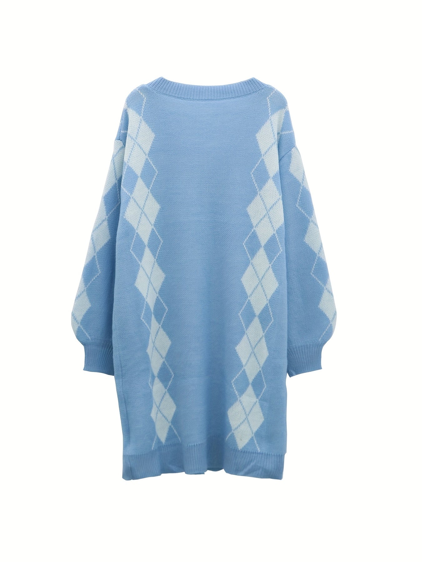 Sixsr Plus Size Casual Sweater Dress, Women's Plus Argyle Print Long Sleeve V Neck Sweater Dress