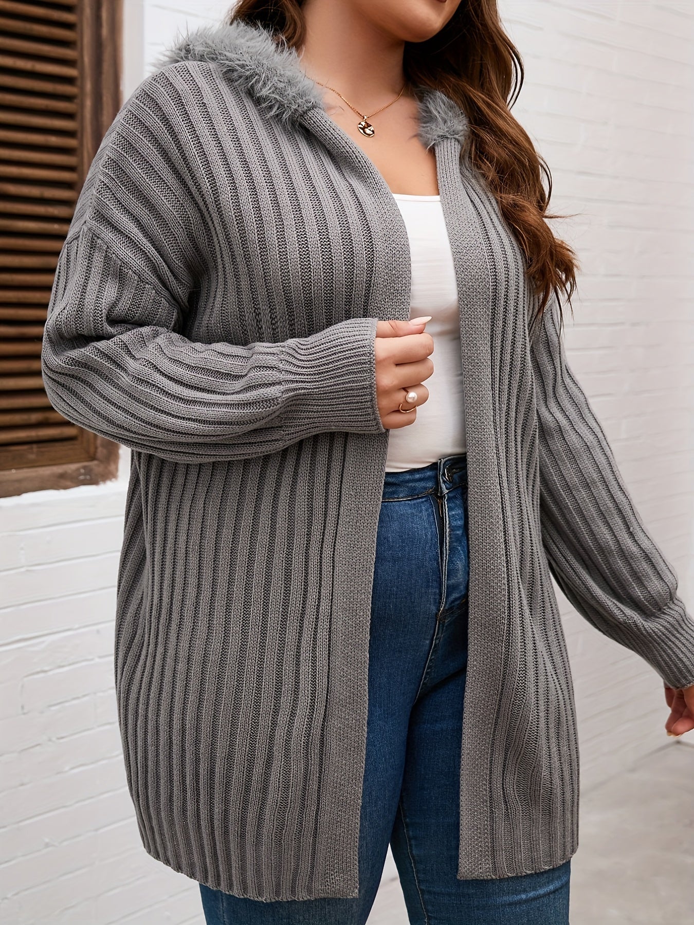 Sixsr Solid Open Front Rib Knit Cardigan, Casual Hooded Long Sleeve Loose Sweater Coat, Women's Clothing