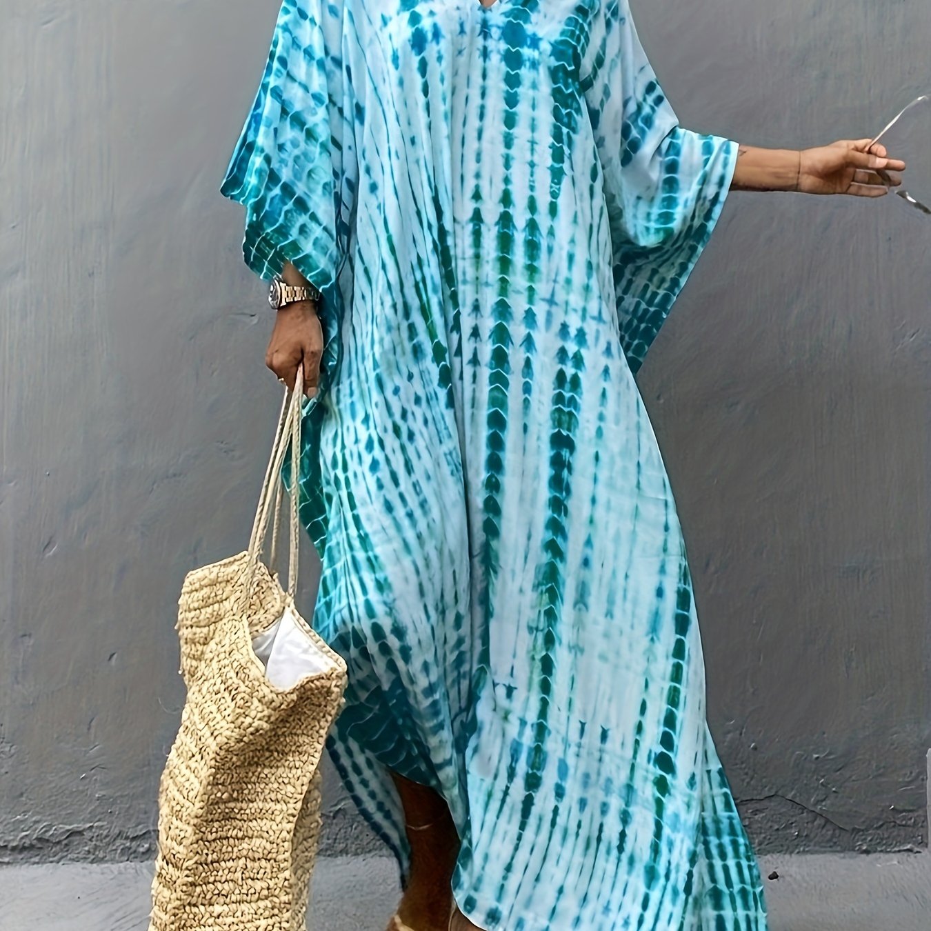 Sixsr V Neck Oversized Kaftan Dress, Bohemian Loose Beach Vacation Dress, Women's Clothing