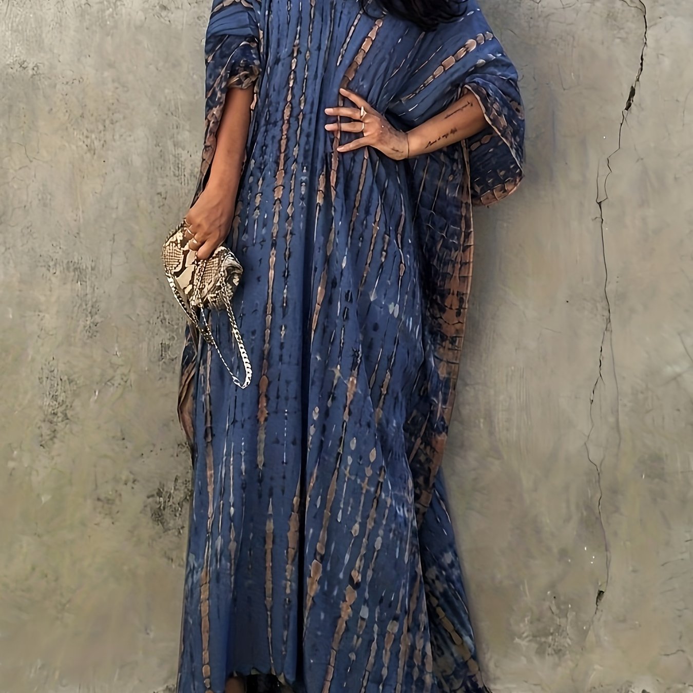 Sixsr V Neck Oversized Kaftan Dress, Bohemian Loose Beach Vacation Dress, Women's Clothing
