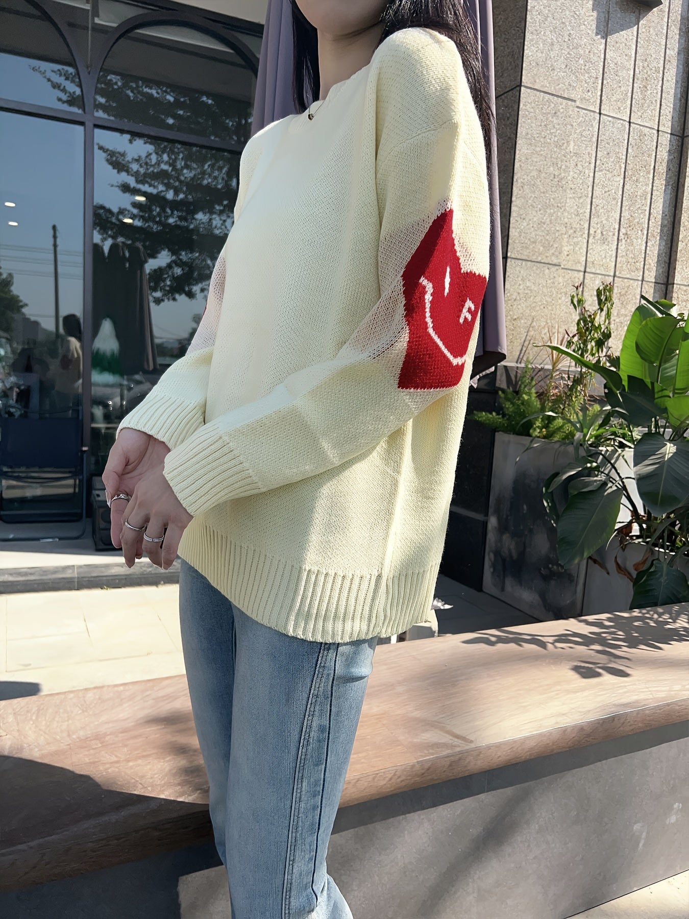 Sixsr Smile Pattern Crew Neck Sweater, Cute Long Sleeve Sweater For Fall & Winter, Women's Clothing