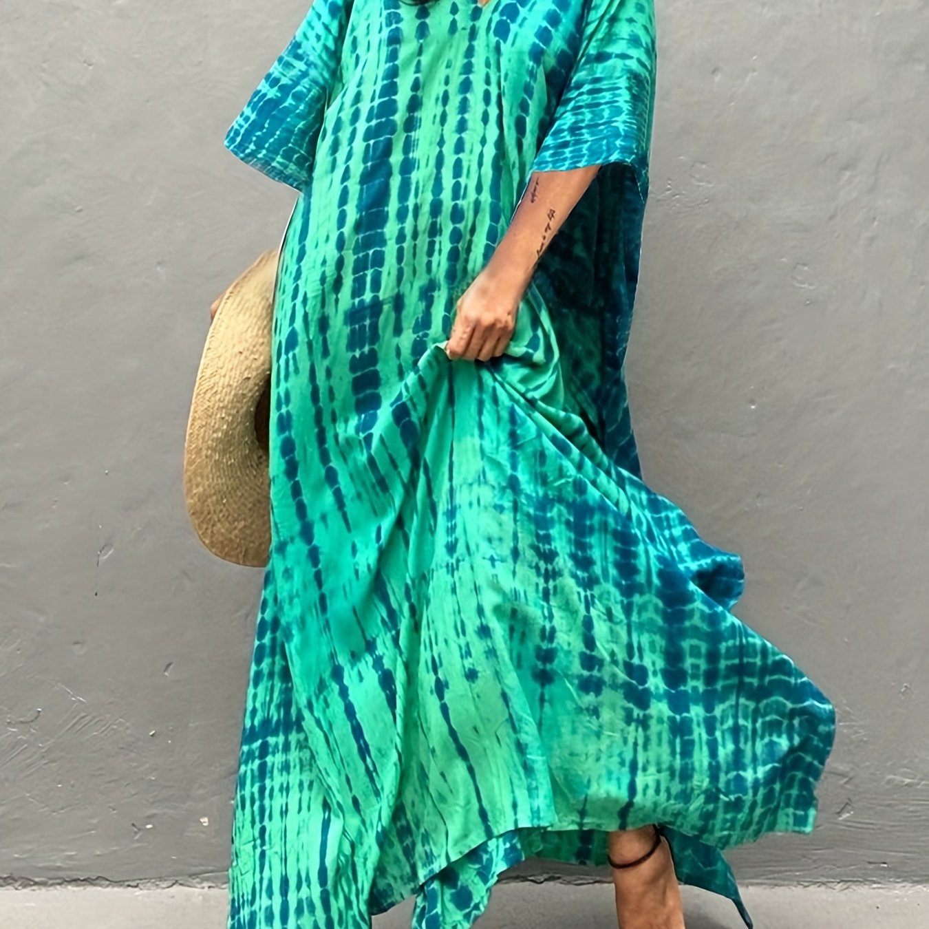 Sixsr V Neck Oversized Kaftan Dress, Bohemian Loose Beach Vacation Dress, Women's Clothing