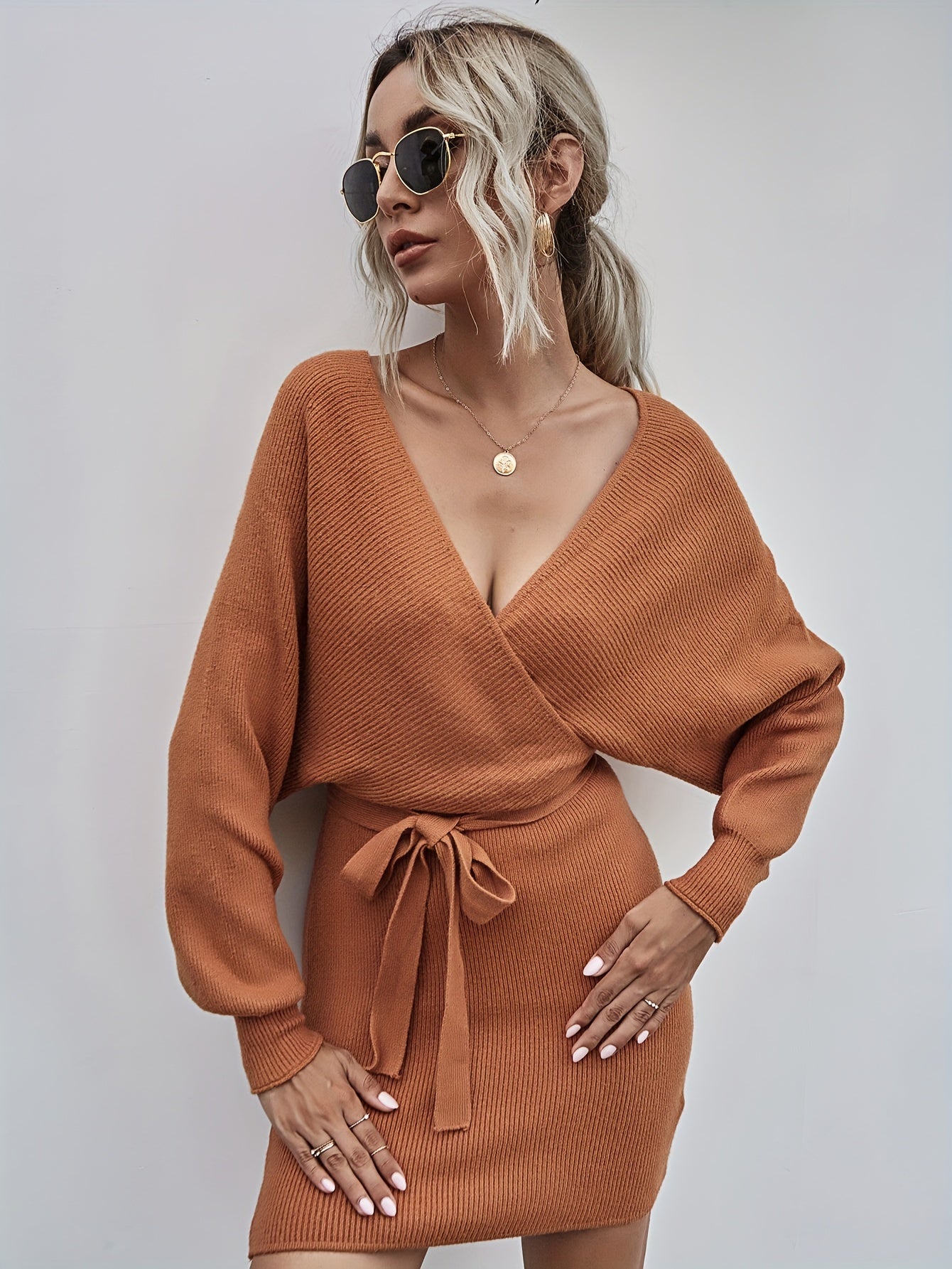 Sixsr Solid Ribbed Surplice Neck Dress, Casual Long Sleeve Belted Bodycon Dress, Women's Clothing