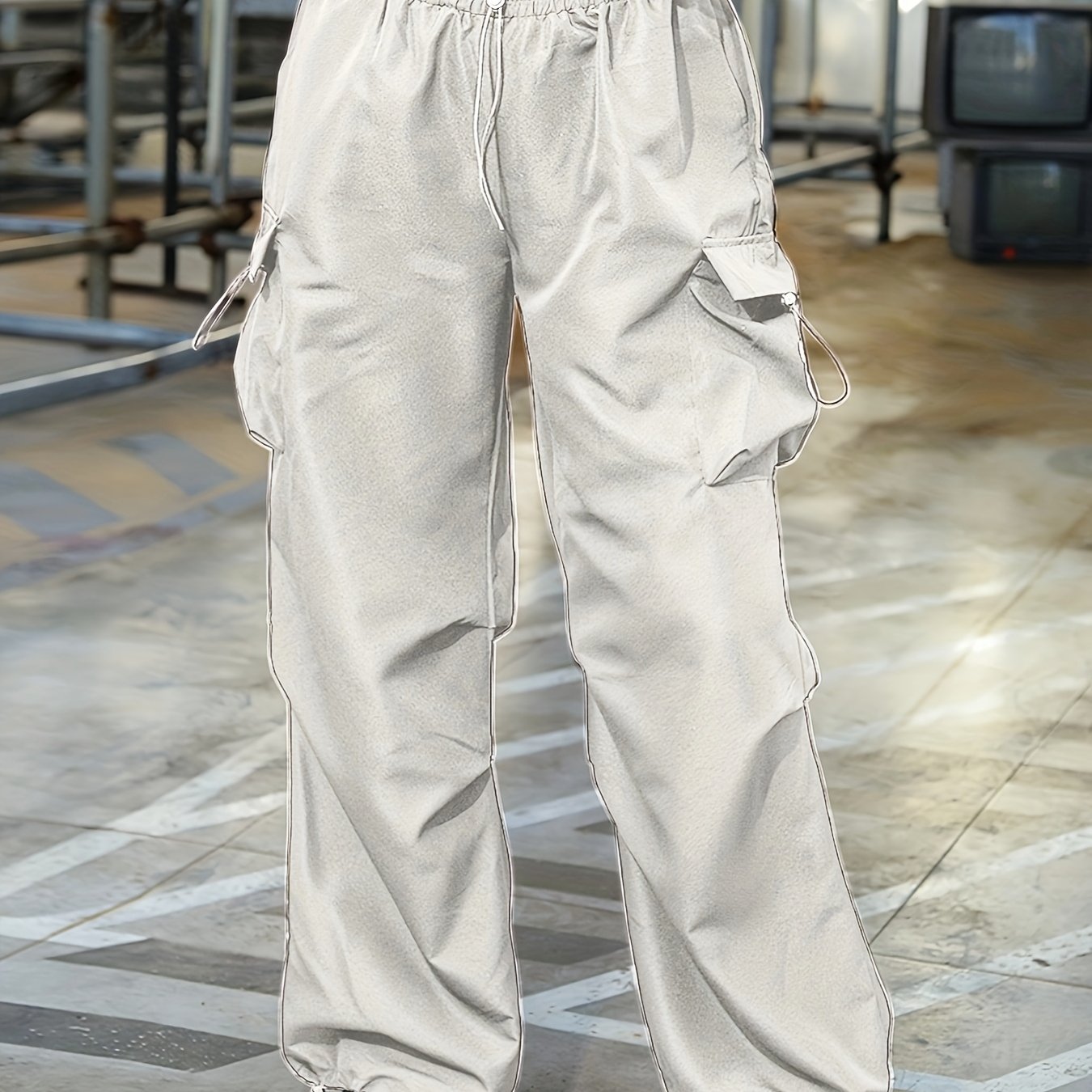 Sixsr Plus Size Casual Pants, Women's Plus Solid Elastic Drawstring High Rise Loose Parachute Cargo Pants With Pockets