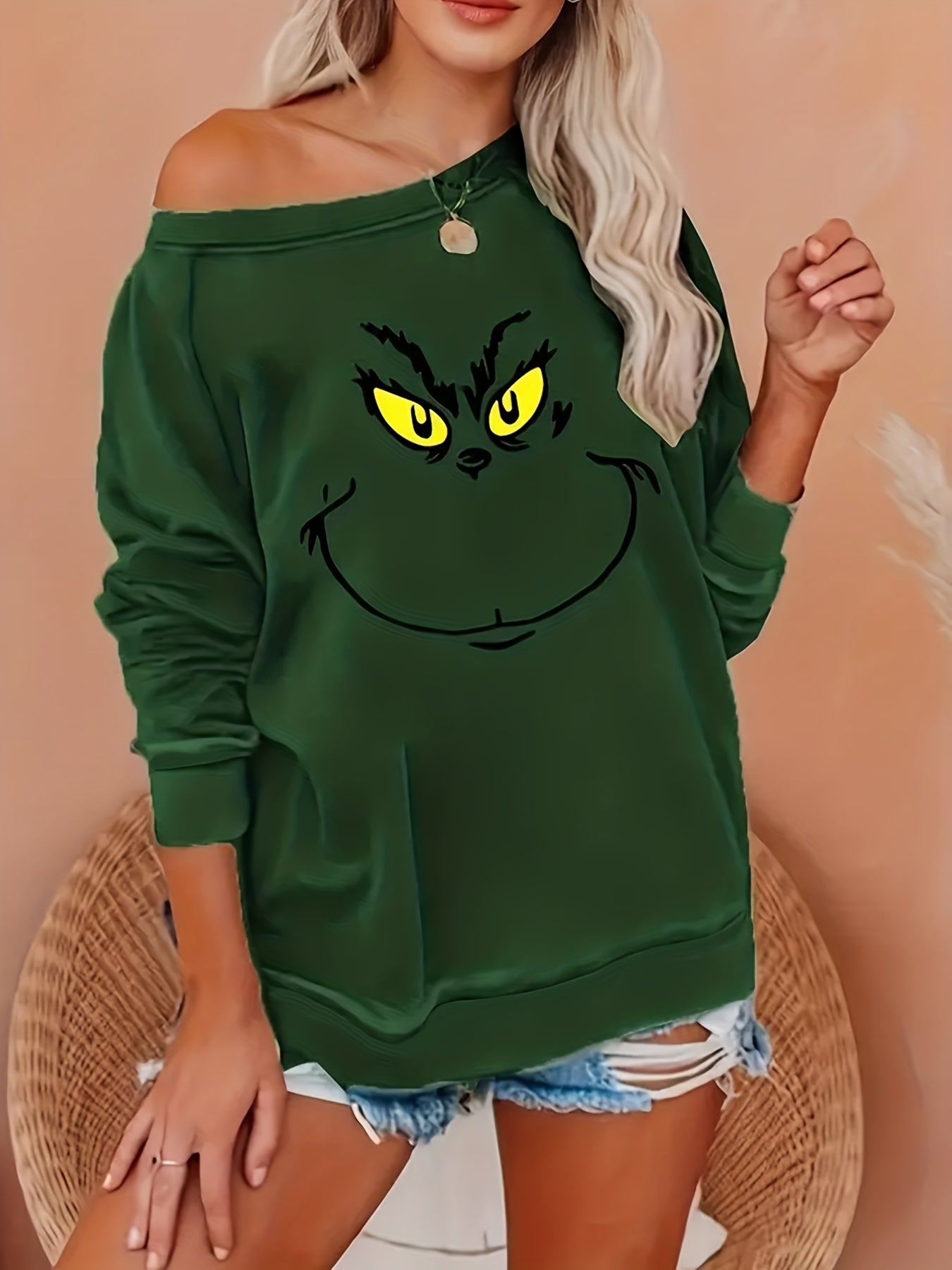 Sixsr Plus Size Casual Sweatshirt, Women's Plus Funny Cartoon Print Long Sleeve Round Neck Medium Stretch Sweatshirt
