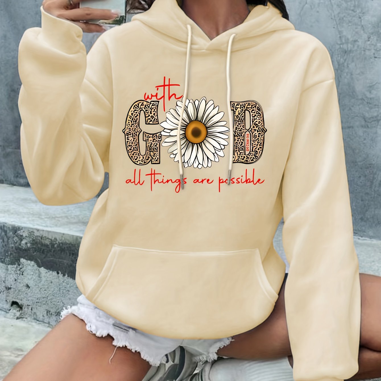 Sixsr Floral & Leopard Print Drawstring Hooded Sweatshirt, Front Pockets Long Sleeves Casual Hoodies, Women's Activewear