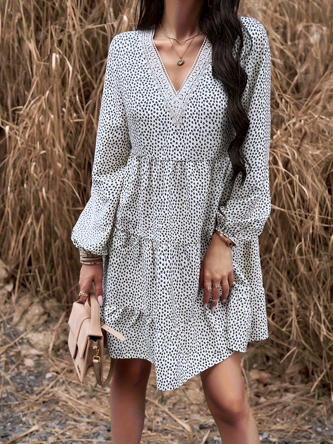 Sixsr All Over Print V Neck Dress, Casual Long Sleeve Lace Trim Dress, Women's Clothing